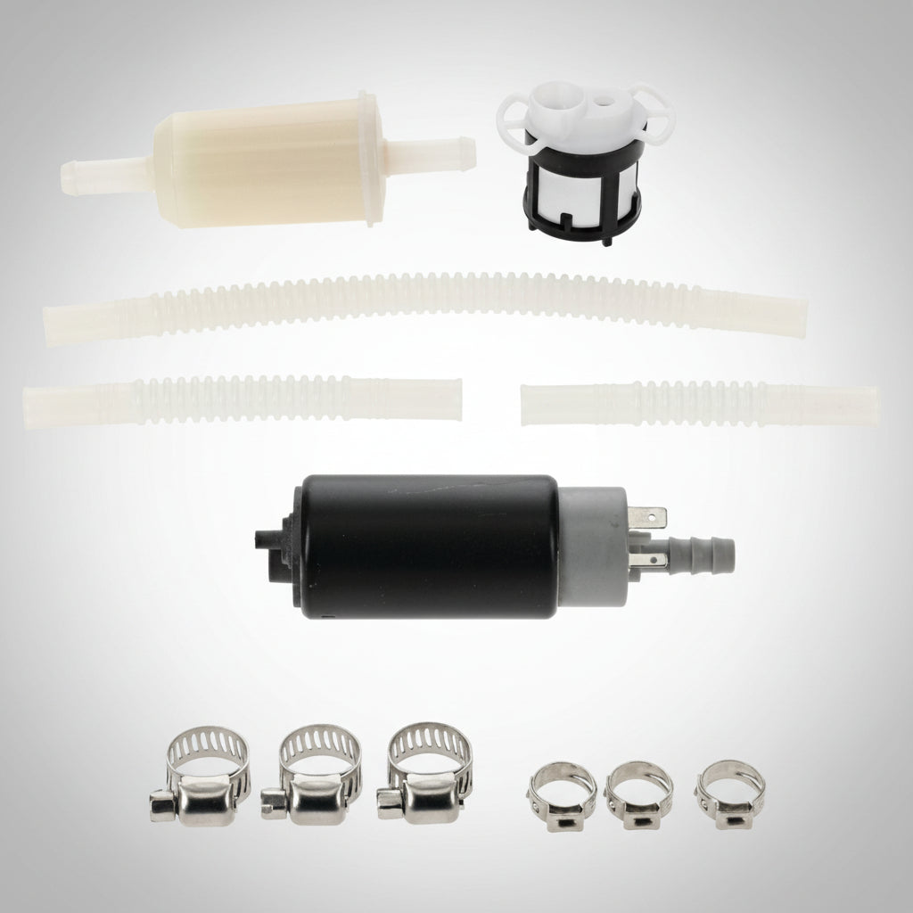 All Balls 47-2036 fuel pump rebuild kit showing the replacement motor, strainer and corrugated hoses.