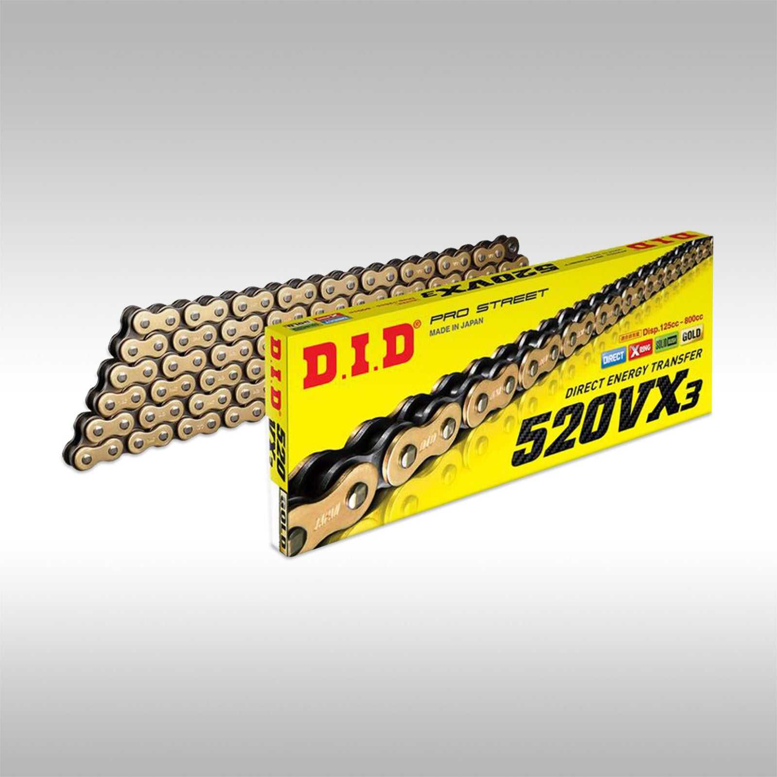 D.I.D 520VX3 High Performance X-Ring Motorcycle Chain in Gold on a light gray background.
