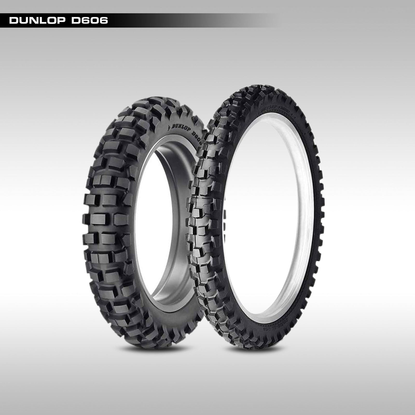 Front and rear DOT legal Dunlop D606 dualsport tires on a gray background