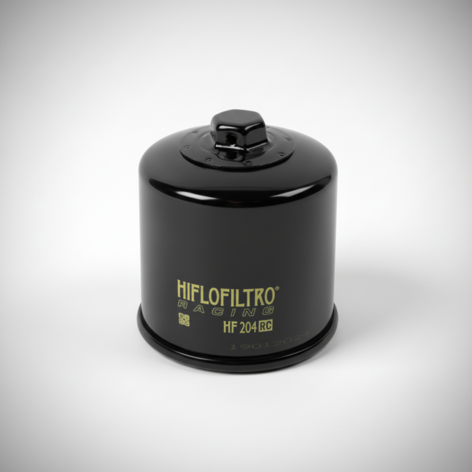 Hiflofiltro HF204RC spin-on motorcycle racing oil filter showing the 17mm cross-drilled hex nut.