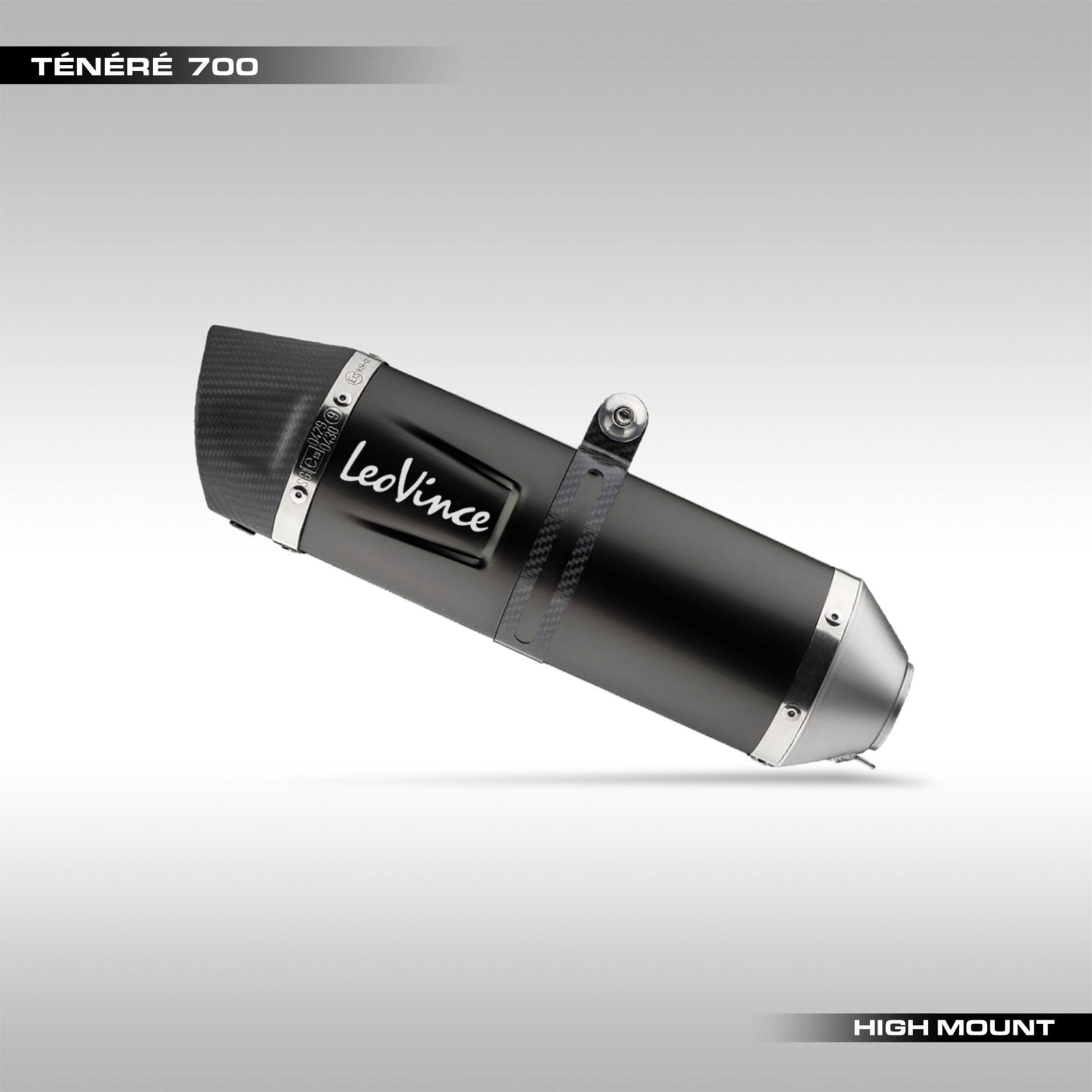 LeoVince black edition high mount muffler labeled for the Yamaha Tenere 700.