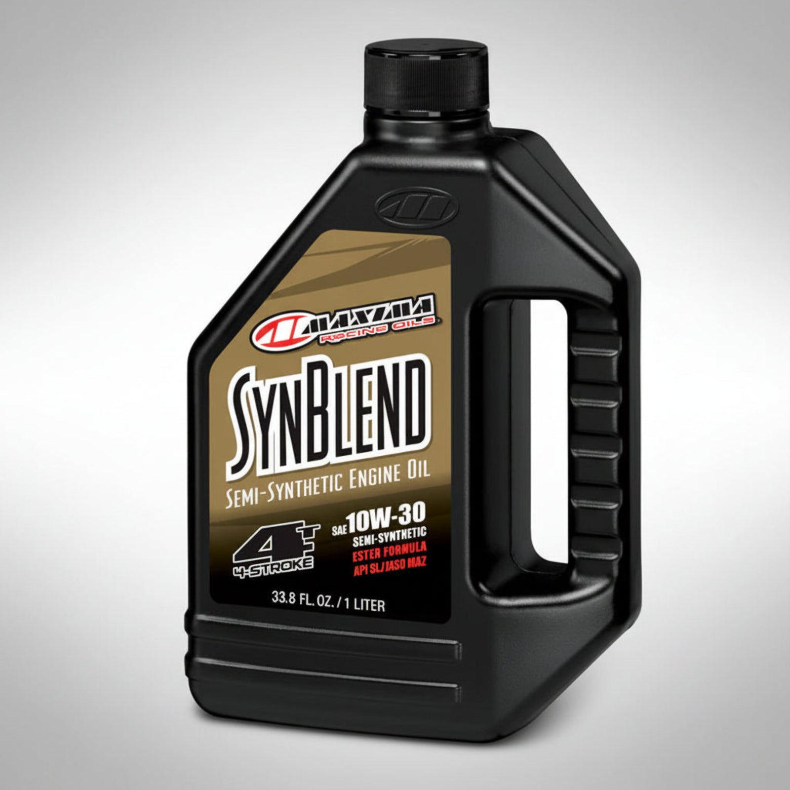 Maxima SynBlend semi-synthetic engine oil bottle on a light gray background.