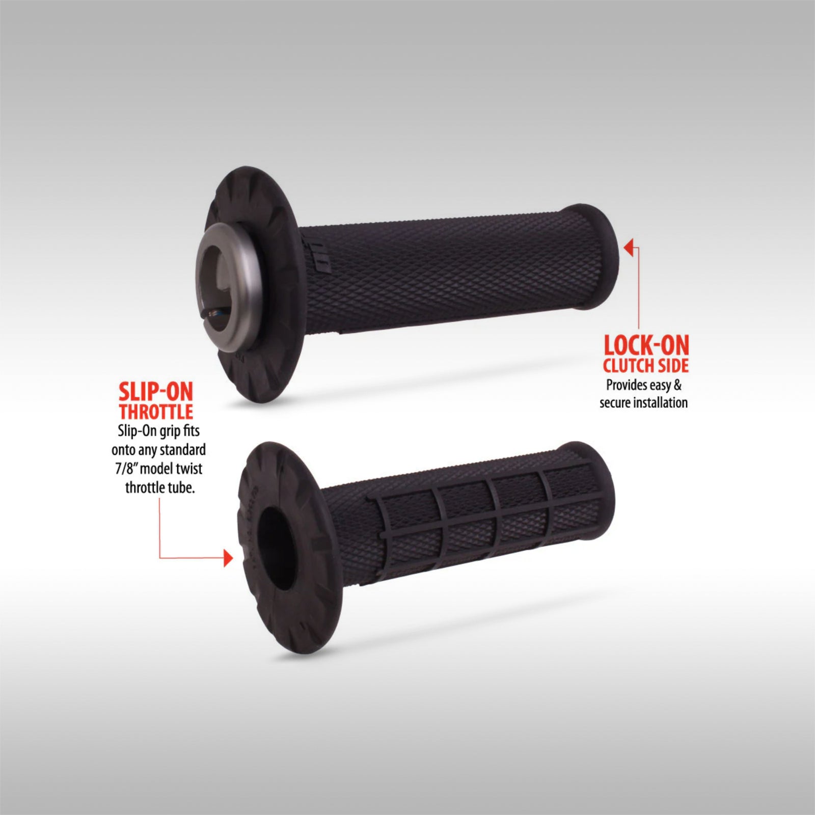 ODI Universal Half-Waffle Half Lock-On grip set showing the billet clamp clutch side and slip-on throttle side.