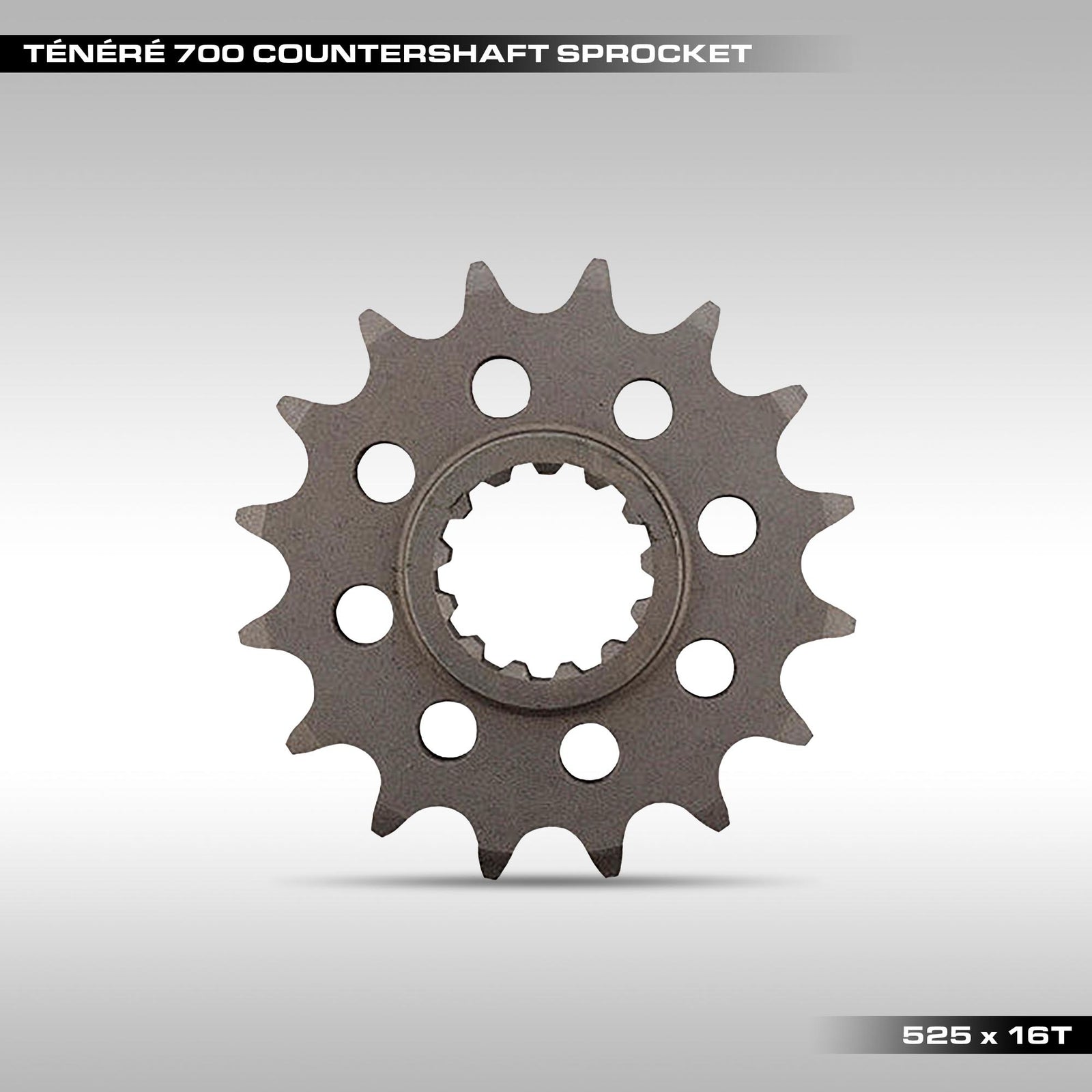 Motorcycle countershaft sprocket on a gray background with text indicating model and specifications.