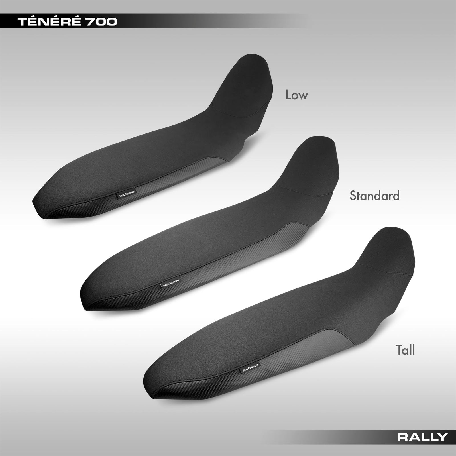 Seat Concepts one piece rally seat for the Tenere 700. Black gripper with black stitching.