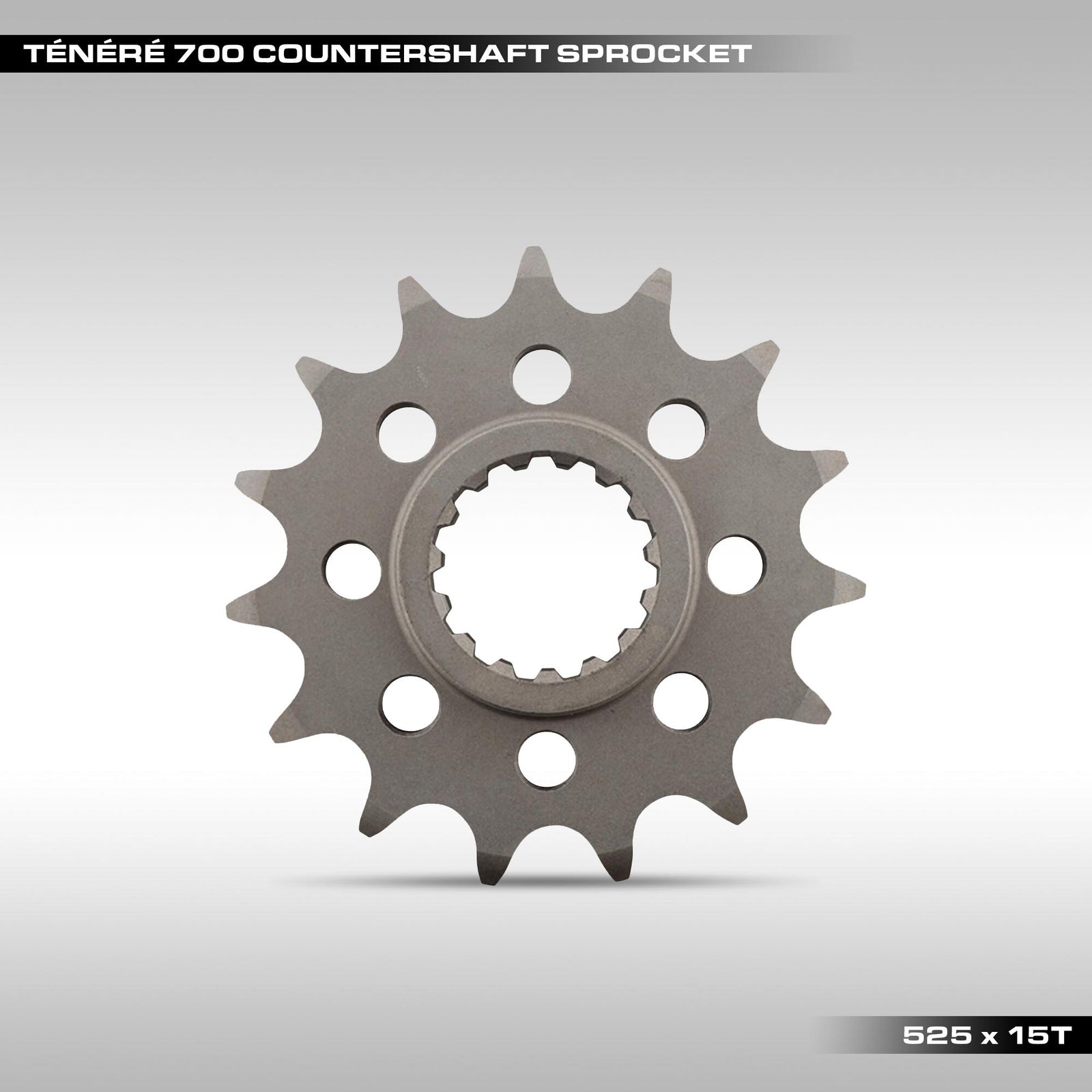 Motorcycle countershaft sprocket on a gray background with text indicating model and specifications.