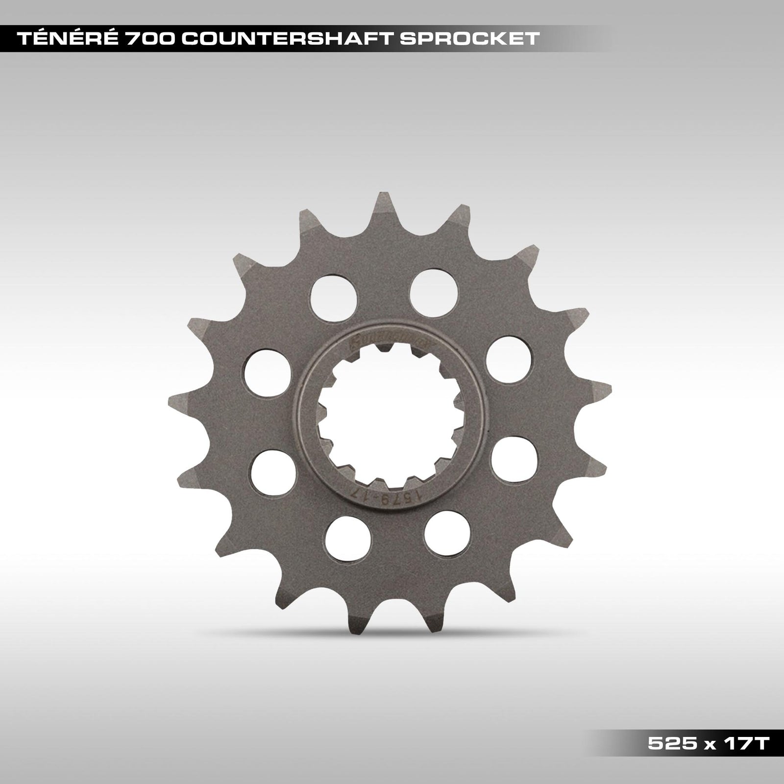 Motorcycle countershaft sprocket on a gray background with text indicating model and specifications.