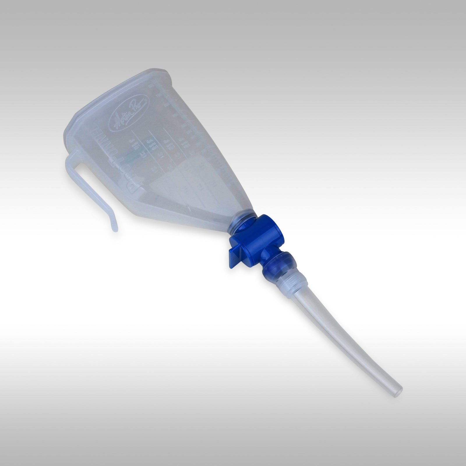 Clear plastic funnel with blue valve and long nozzle on a gray background