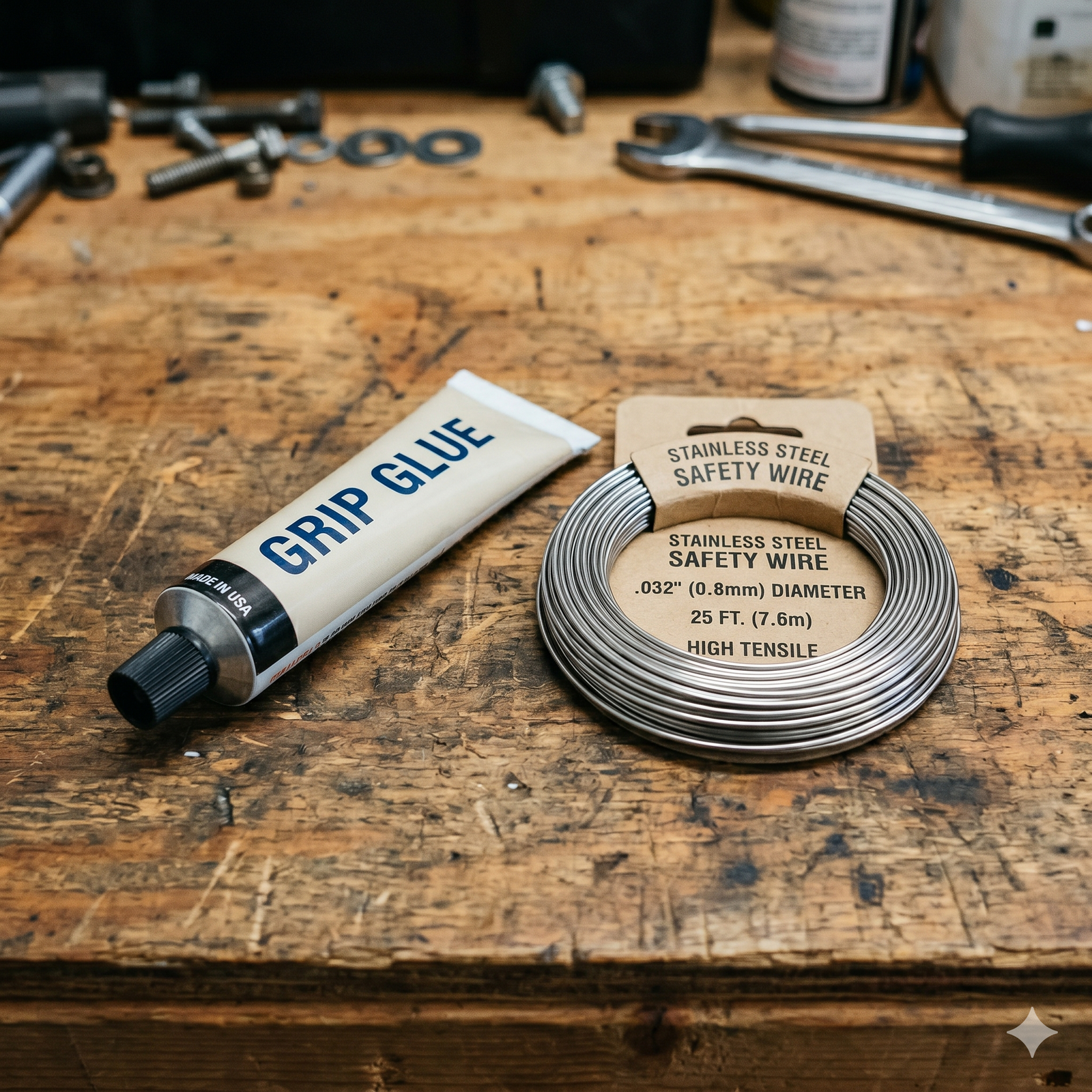 An assortment of motorcycle grip glue and safety wire for securing handle grips.