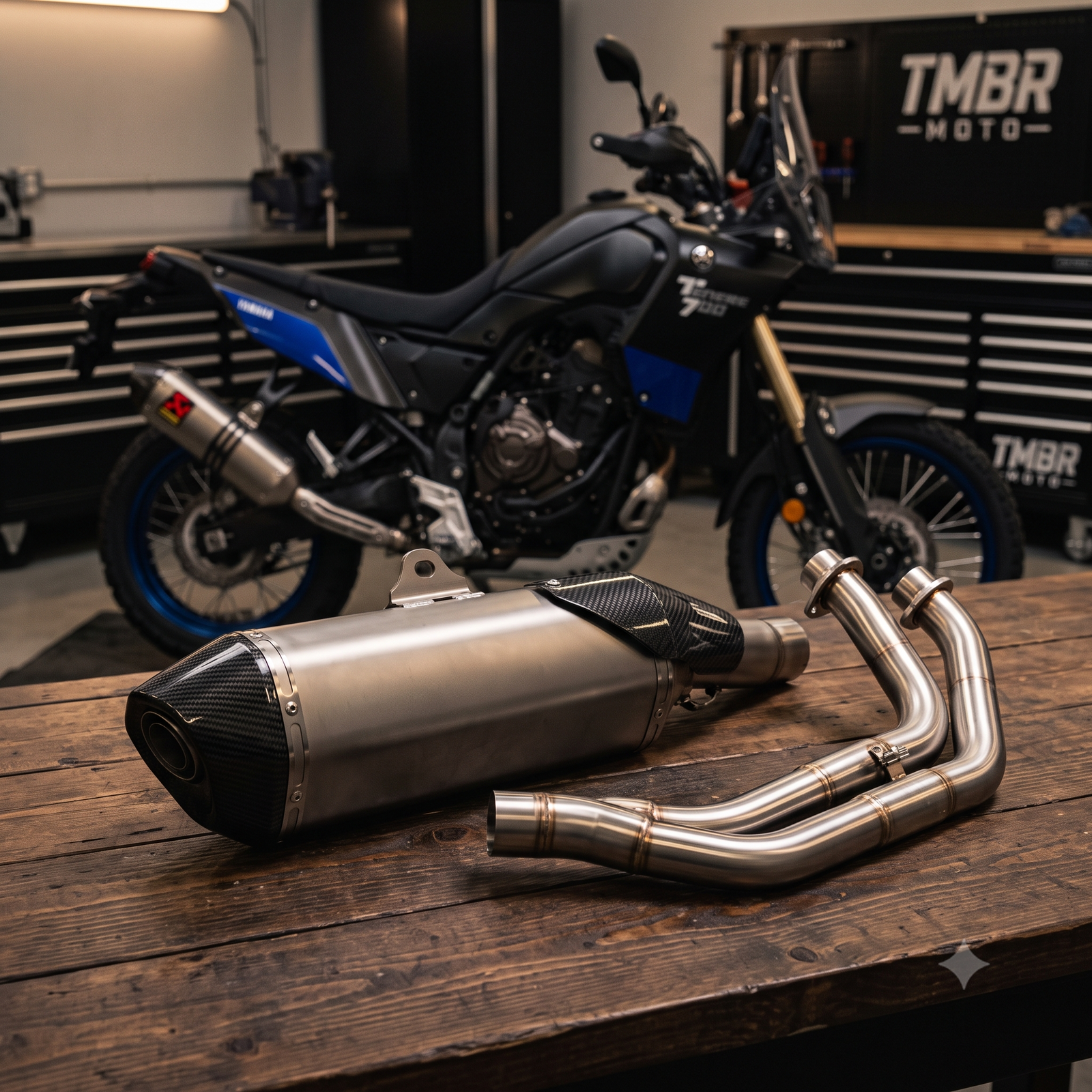 A professional photograph showing an aftermarket titanium exhaust muffler and header pipes next to a Yamaha Tenere 700 motorcycle.