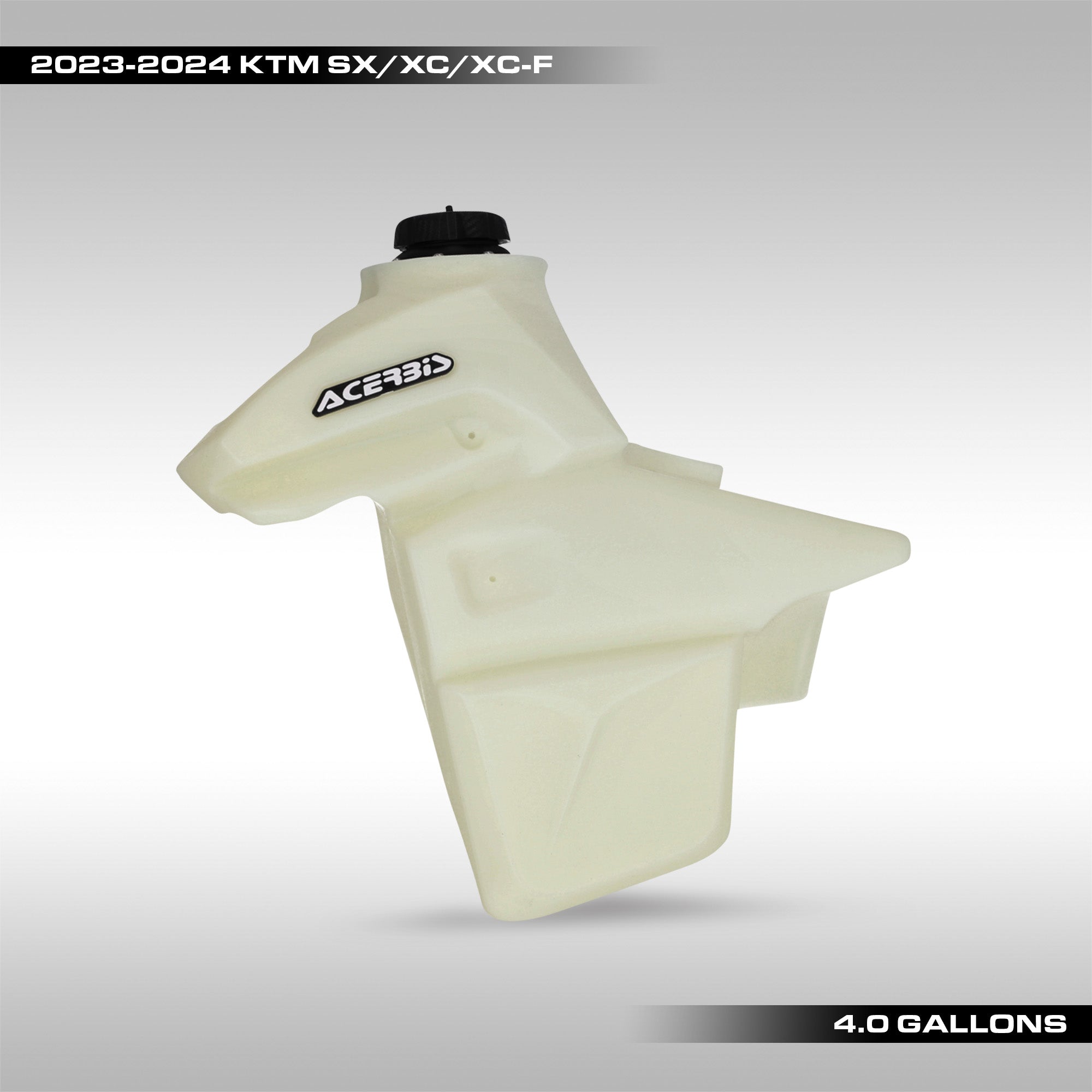 High capacity, long range fuel tank for 2023 - 2024 KTM XC, XC-F and 2024 KTM EXC, XC-W, XCF-W, XW-F models. 4 gallon fuel tank for the new KTM dirtbikes, enduro bikes and dualsports. Available in clear / natural or black.