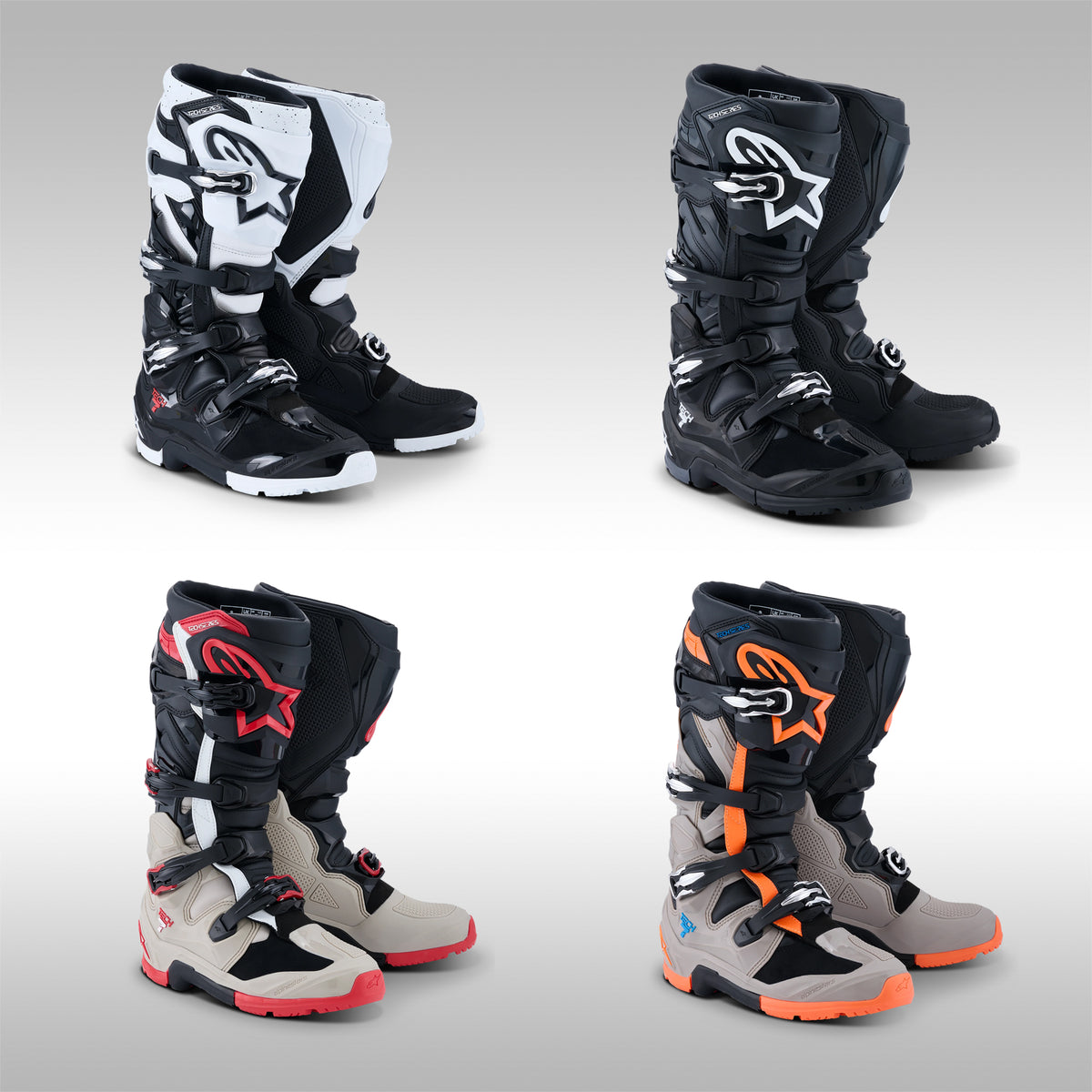 4 pairs of Alpinestars Tech 7 Enduro offroad boots on a gray background at TMBR MOTO