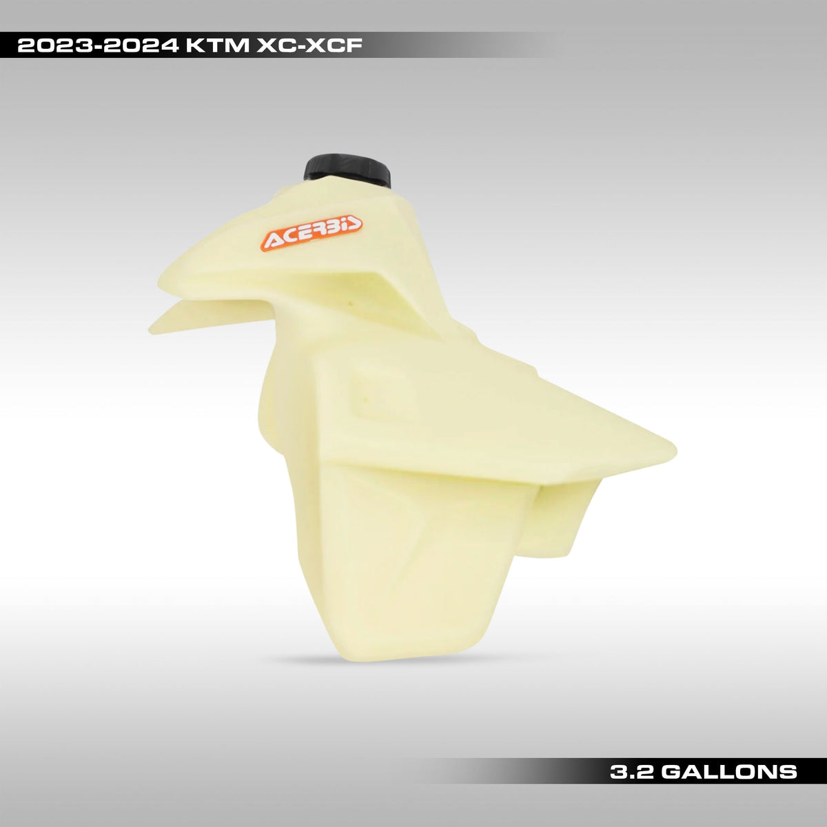 High capacity, long range fuel tank for 2023 - 2024 KTM XC, XC-F and 2024 KTM EXC, XC-W, XCF-W, XW-F models. 3.2 gallon fuel tank for the new KTM dirtbikes, enduro bikes and dualsports motorcycles. Available in clear / natural or black.
