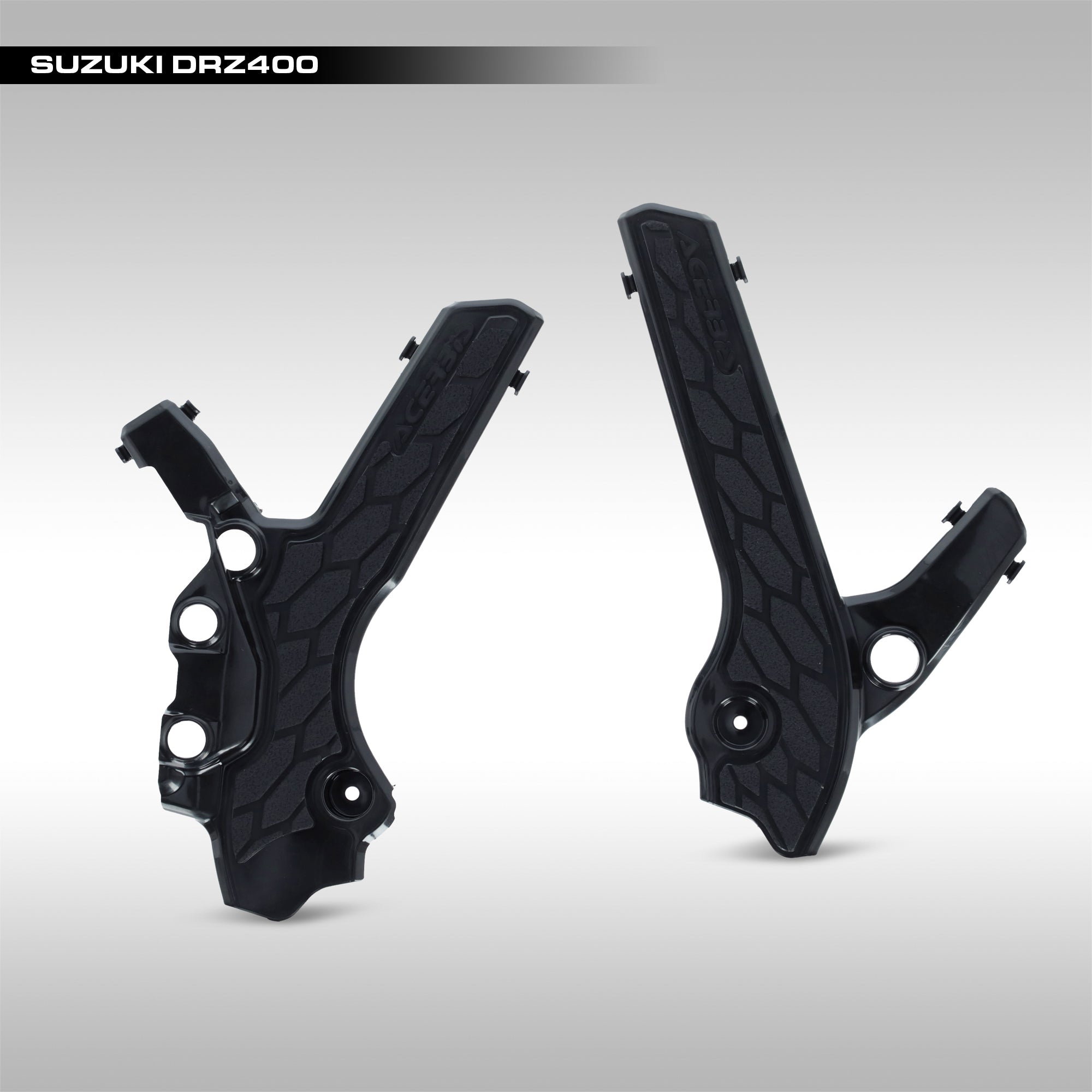 Acerbis Black X-Grip protectors For Suzuki DRZ400 help protect your frame. These frame guards protect your bike from scratching paint.