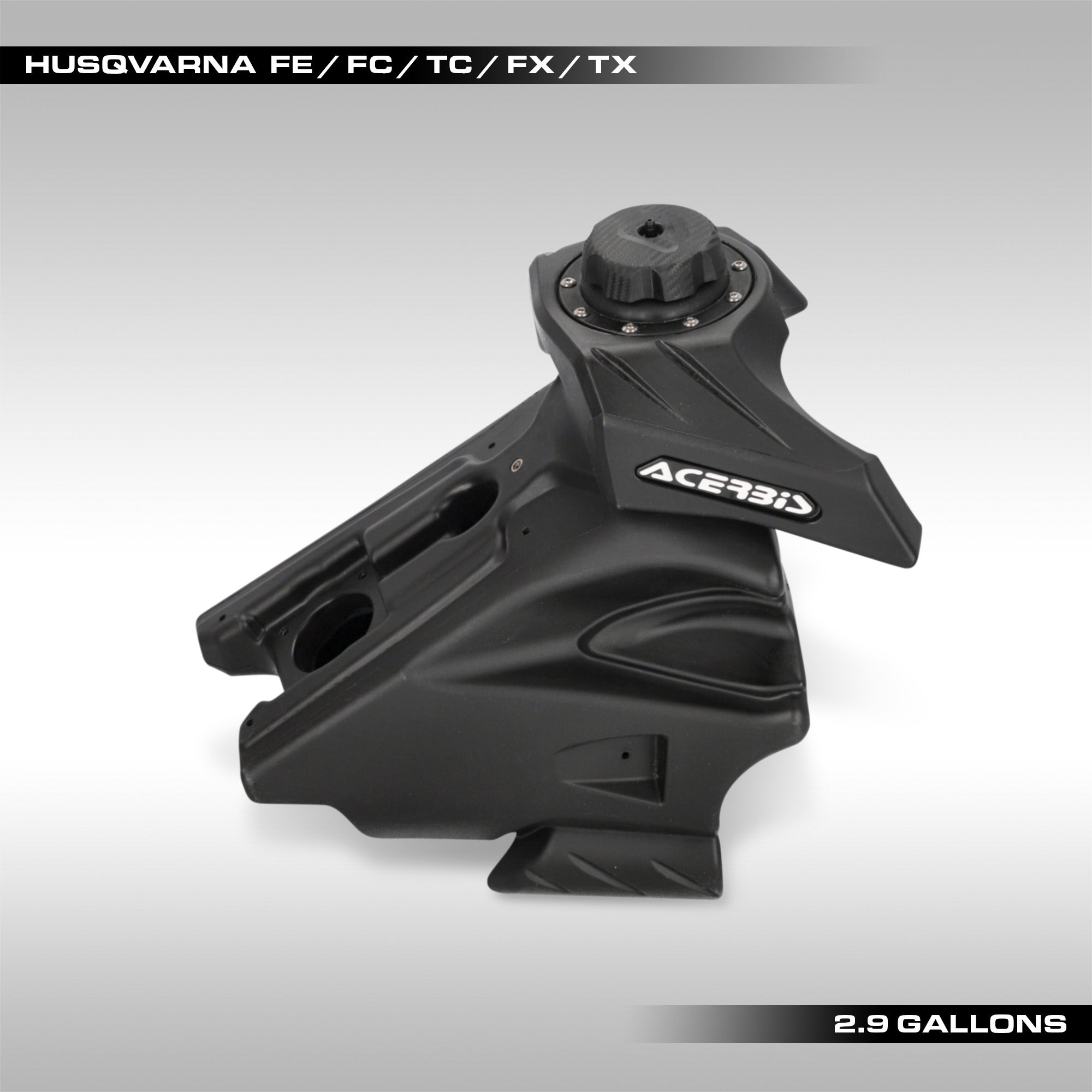 2.9 gallon fuel tank for 2023 - 2024 Husqvarna FE, FC, TC, TX, FX models from Acerbis. Large capacity gas tanks for dirt bikes for extra range. Available in Black and Clear.  