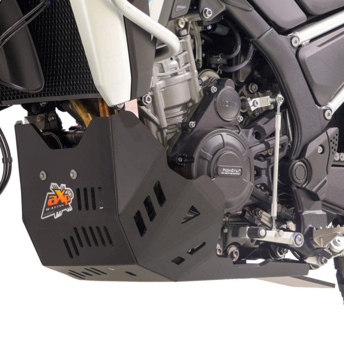 Black AXP Racing 8mm HDPE adventure skid plate installed on a Kove 800X Rally motorcycle.
