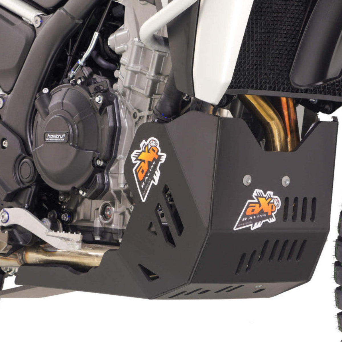 Black AXP Racing 8mm HDPE adventure skid plate installed on a Kove 800X Rally motorcycle.