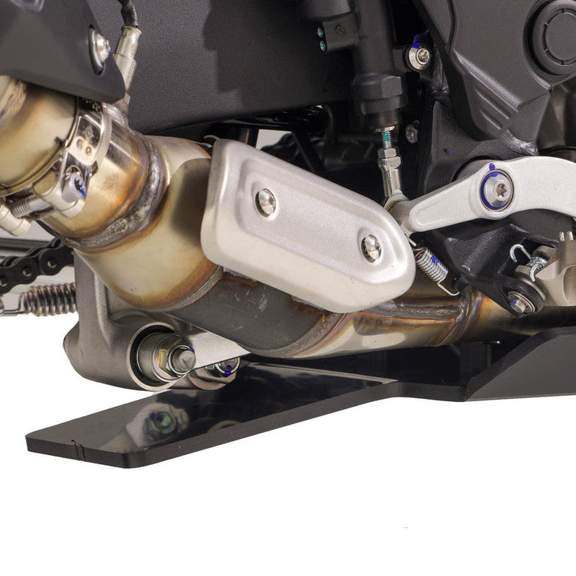Black AXP Racing 8mm HDPE adventure skid plate installed on a Kove 800X Rally motorcycle.