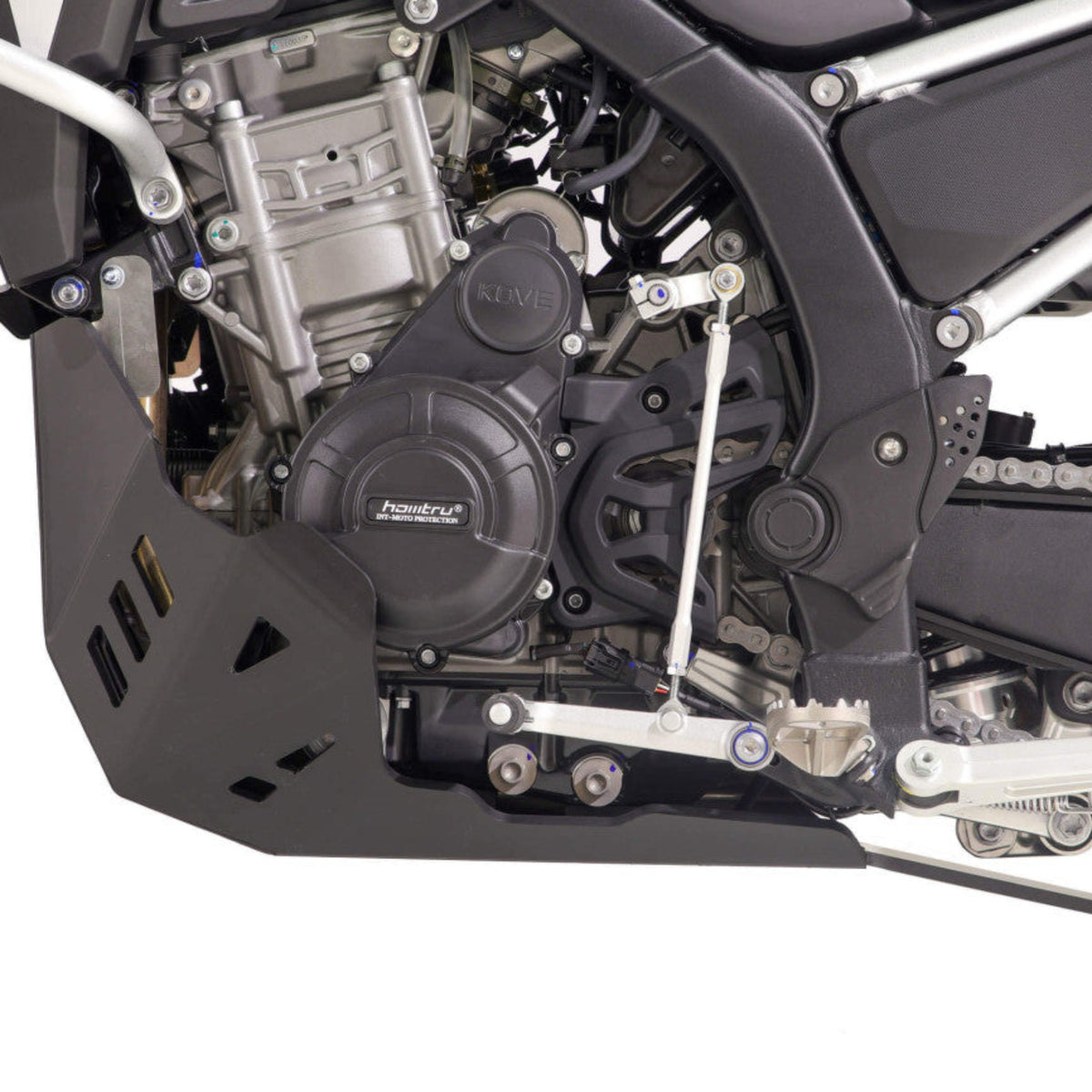 Black AXP Racing 8mm HDPE adventure skid plate installed on a Kove 800X Rally motorcycle.