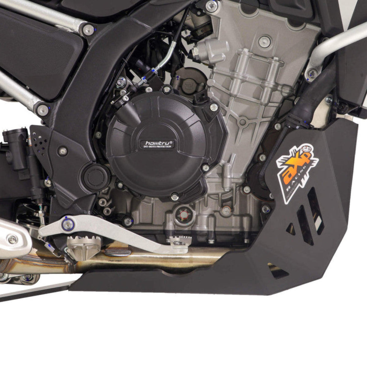Black AXP Racing 8mm HDPE adventure skid plate installed on a Kove 800X Rally motorcycle.