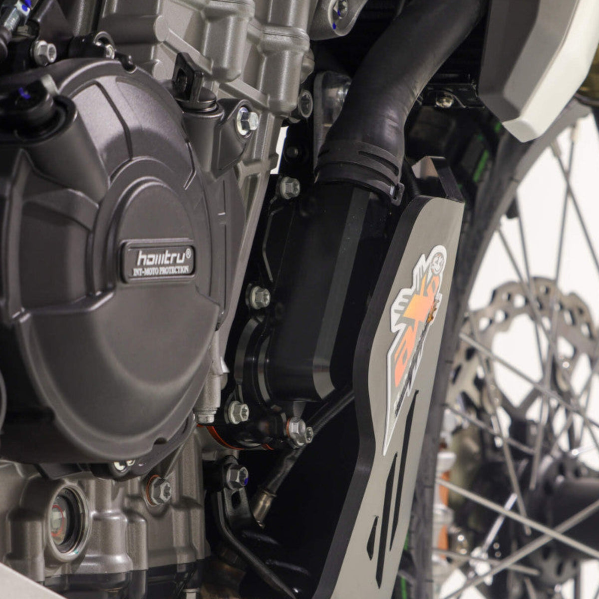 Black AXP Racing 8mm HDPE adventure skid plate installed on a Kove 800X Rally motorcycle.