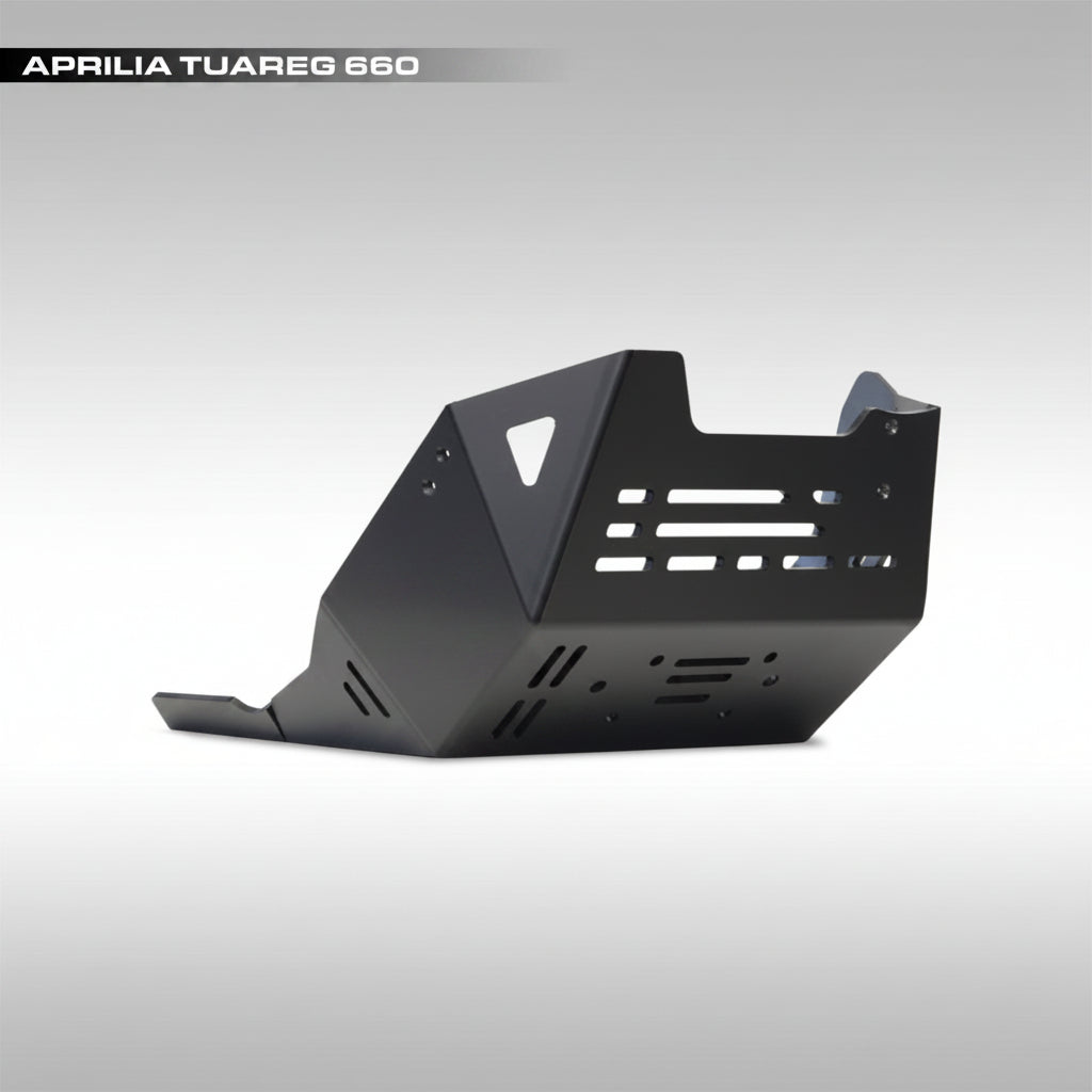 Black AXP Racing 8mm HDPE skid plate installed on an Aprilia Tuareg 660 adventure motorcycle.