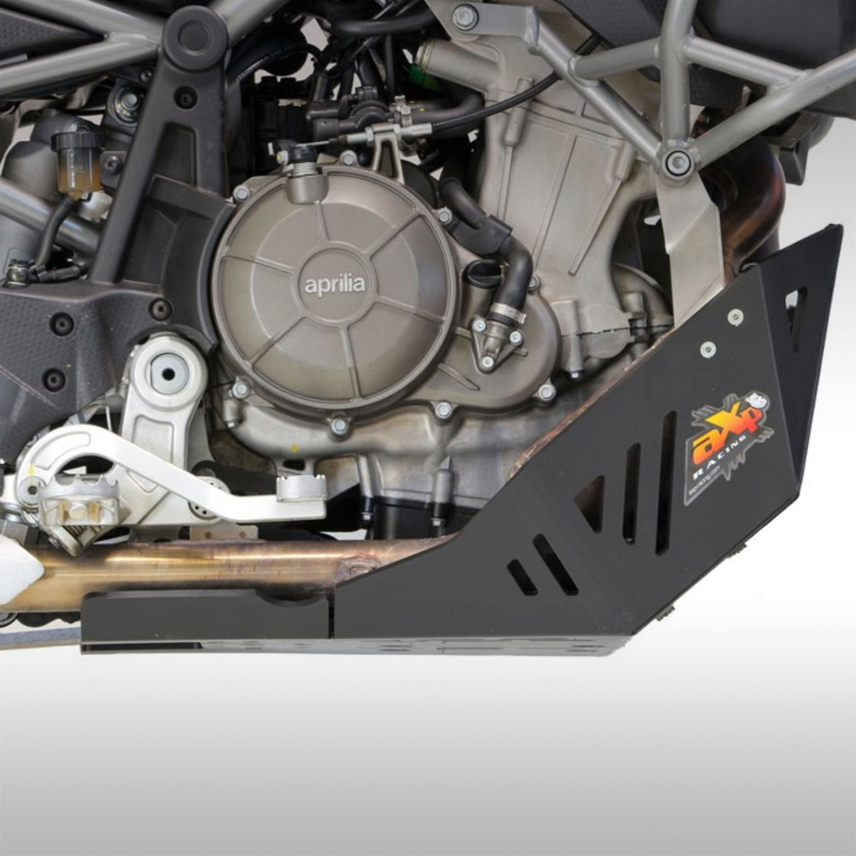 Black AXP Racing 8mm HDPE skid plate installed on an Aprilia Tuareg 660 adventure motorcycle.