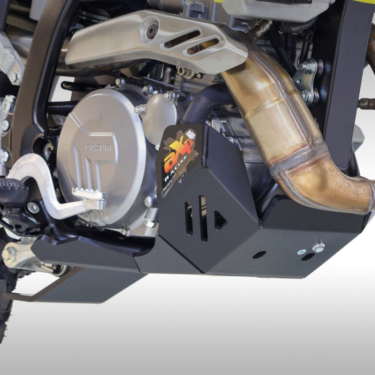 Black AXP Racing 8mm HDPE skid plate installed on a Suzuki DR-Z4S dual-sport motorcycle.