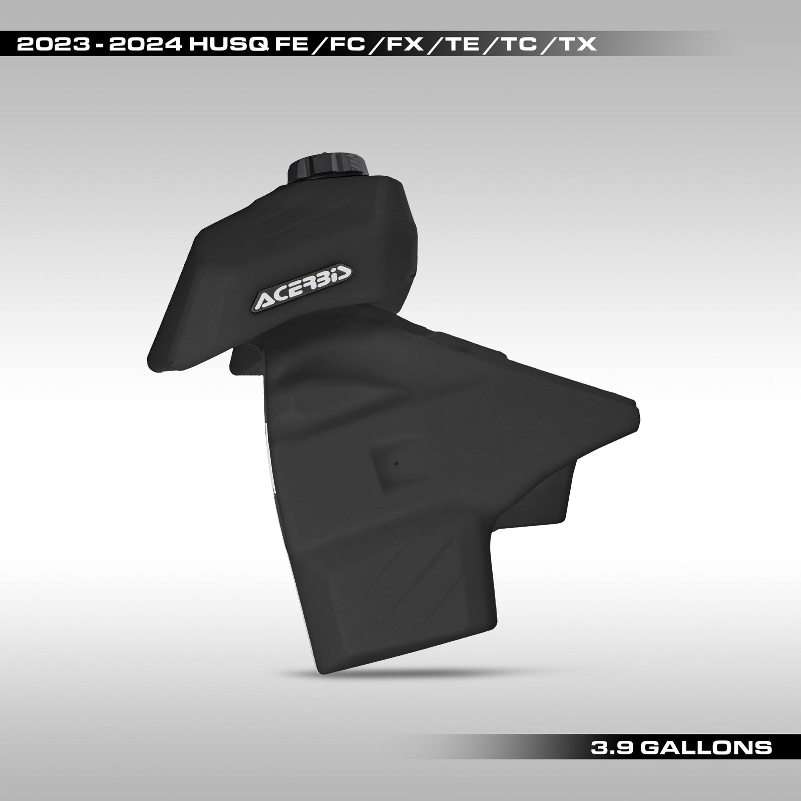 Black fuel tank for Husqvarna with Acerbis logo on a gray background