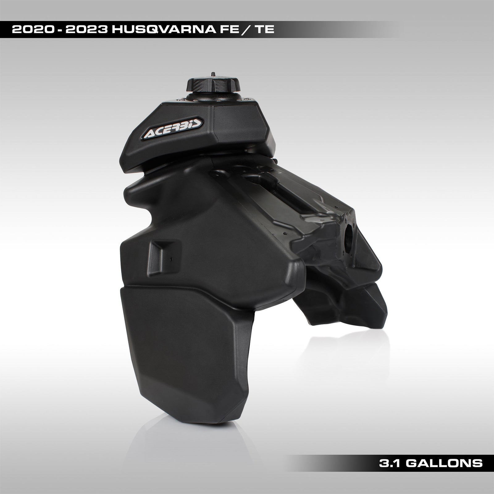 3.1 Gallon fuel tank for 2020 - 2023 Husqvarna FE, TE, FX, TE models made by Acerbis. Available in Black and Clear. Extended fuel range for your motorcycle.