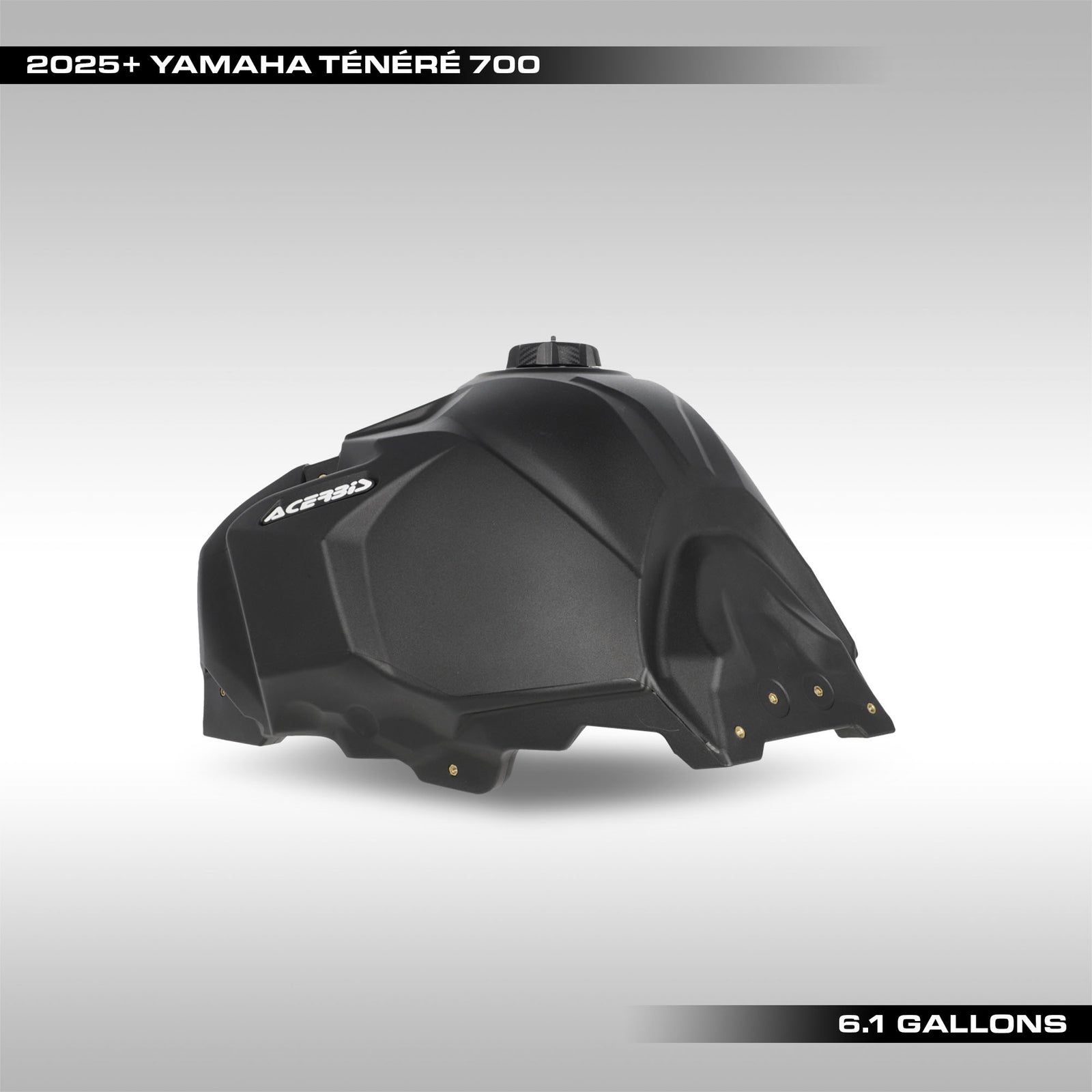 Black Acerbis motorcycle fuel tank for Yamaha Tenere 700 on a gray background