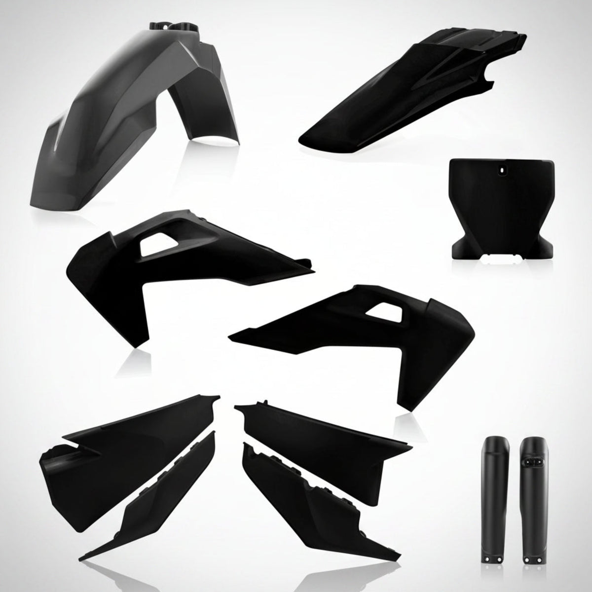 Complete Acerbis black replacement plastic kit for Husqvarna dirt bikes showing fenders, shrouds, and number plates.