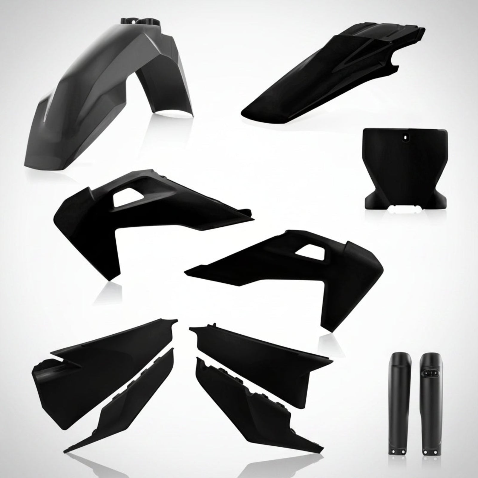 Complete Acerbis black replacement plastic kit for Husqvarna dirt bikes showing fenders, shrouds, and number plates.