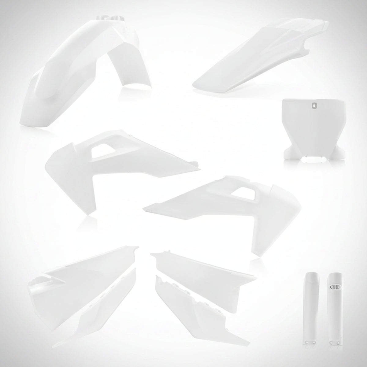 Complete Acerbis black replacement plastic kit for Husqvarna dirt bikes showing fenders, shrouds, and number plates.