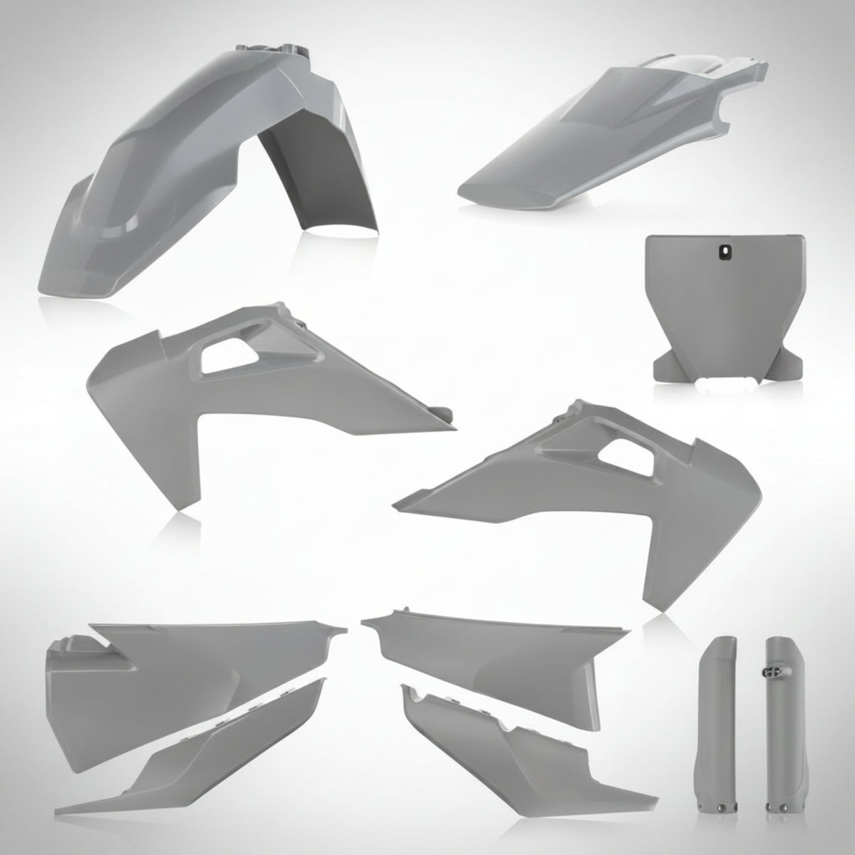 Complete Acerbis black replacement plastic kit for Husqvarna dirt bikes showing fenders, shrouds, and number plates.