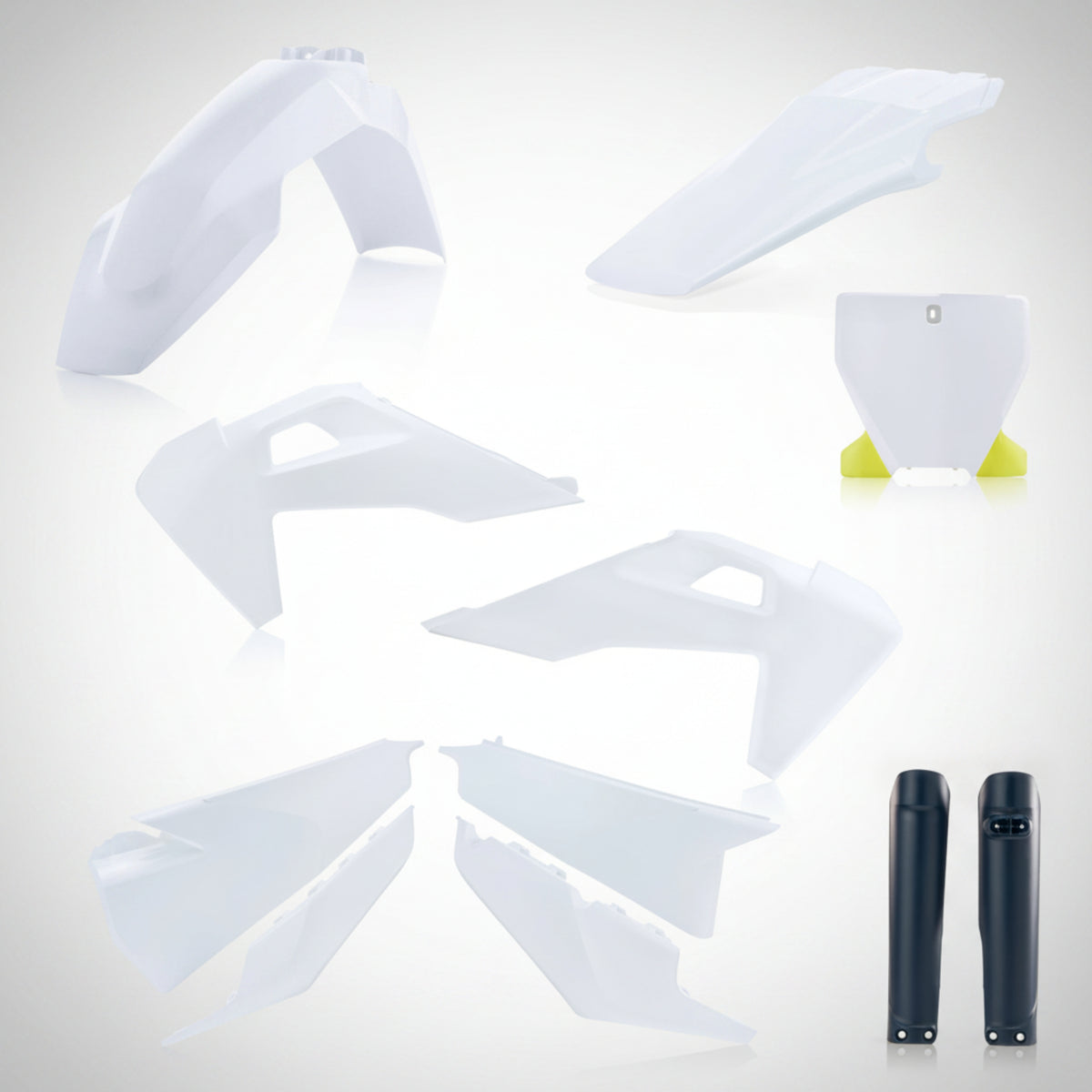 Complete Acerbis black replacement plastic kit for Husqvarna dirt bikes showing fenders, shrouds, and number plates.