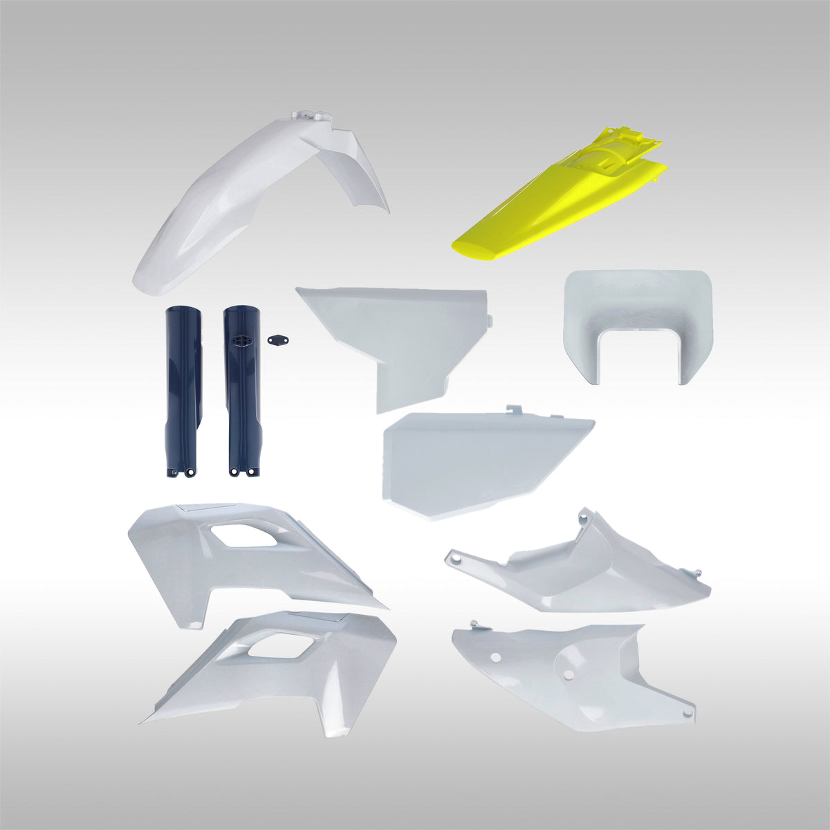Set of Acerbis 2024 OEM White motorcycle plastic parts on a gray background