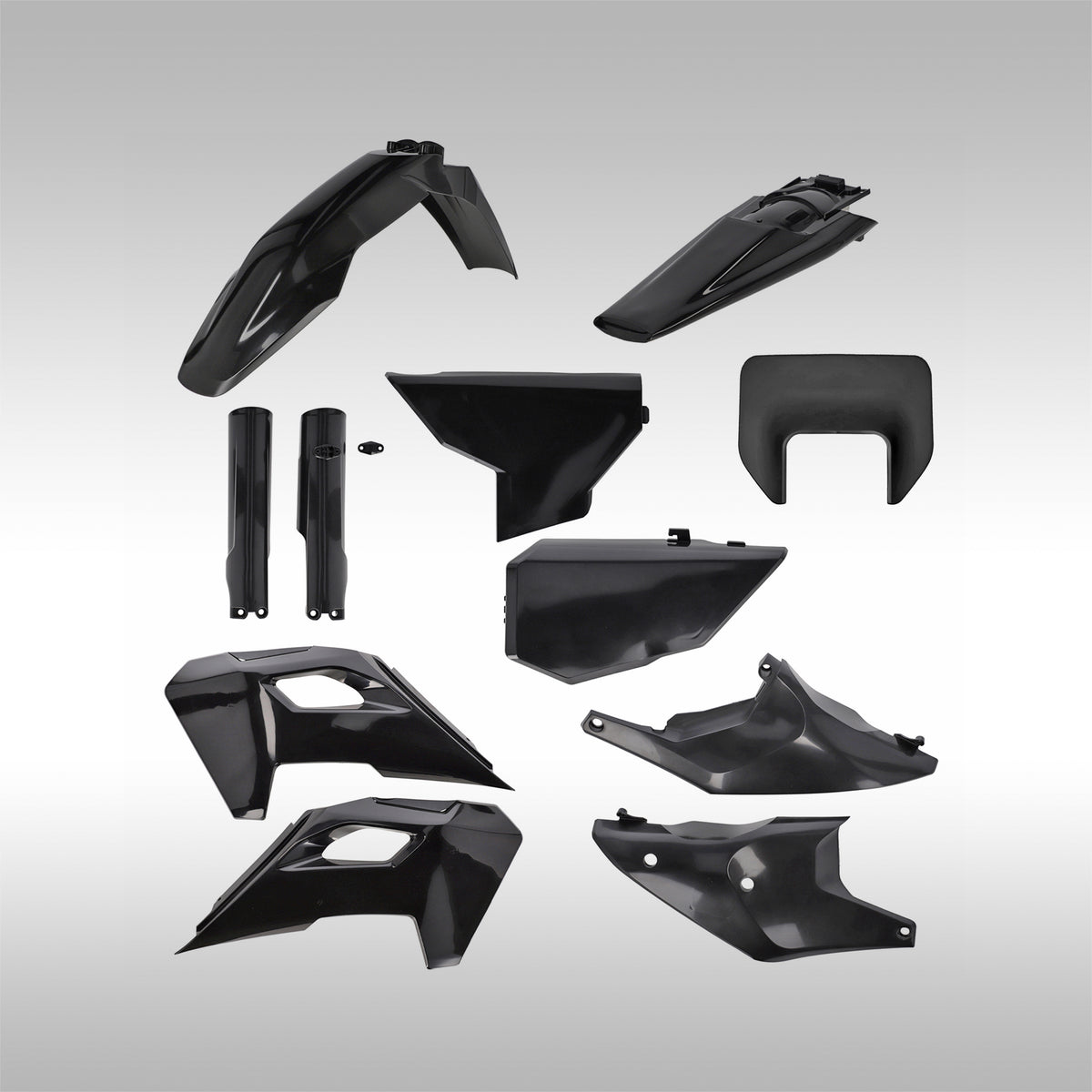 Set of black Acerbis motorcycle plastic parts on a gray background