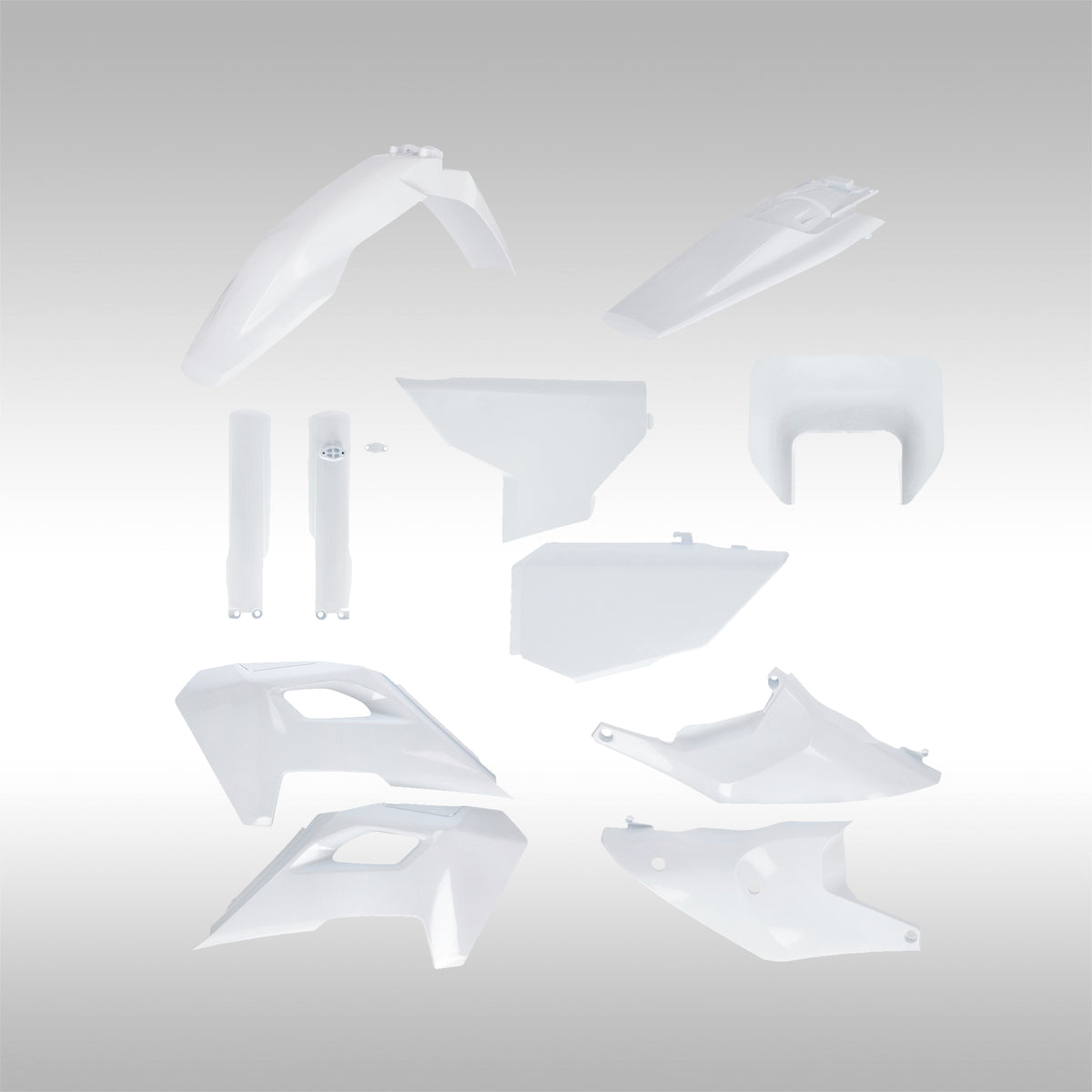 Set of white motorcycle body panels on a gray background