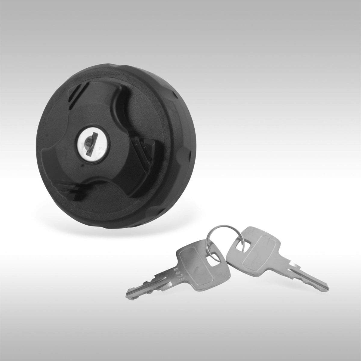 Acerbis 2070769999 black locking gas cap for aftermarket motorcycle fuel tanks shown with two keys.