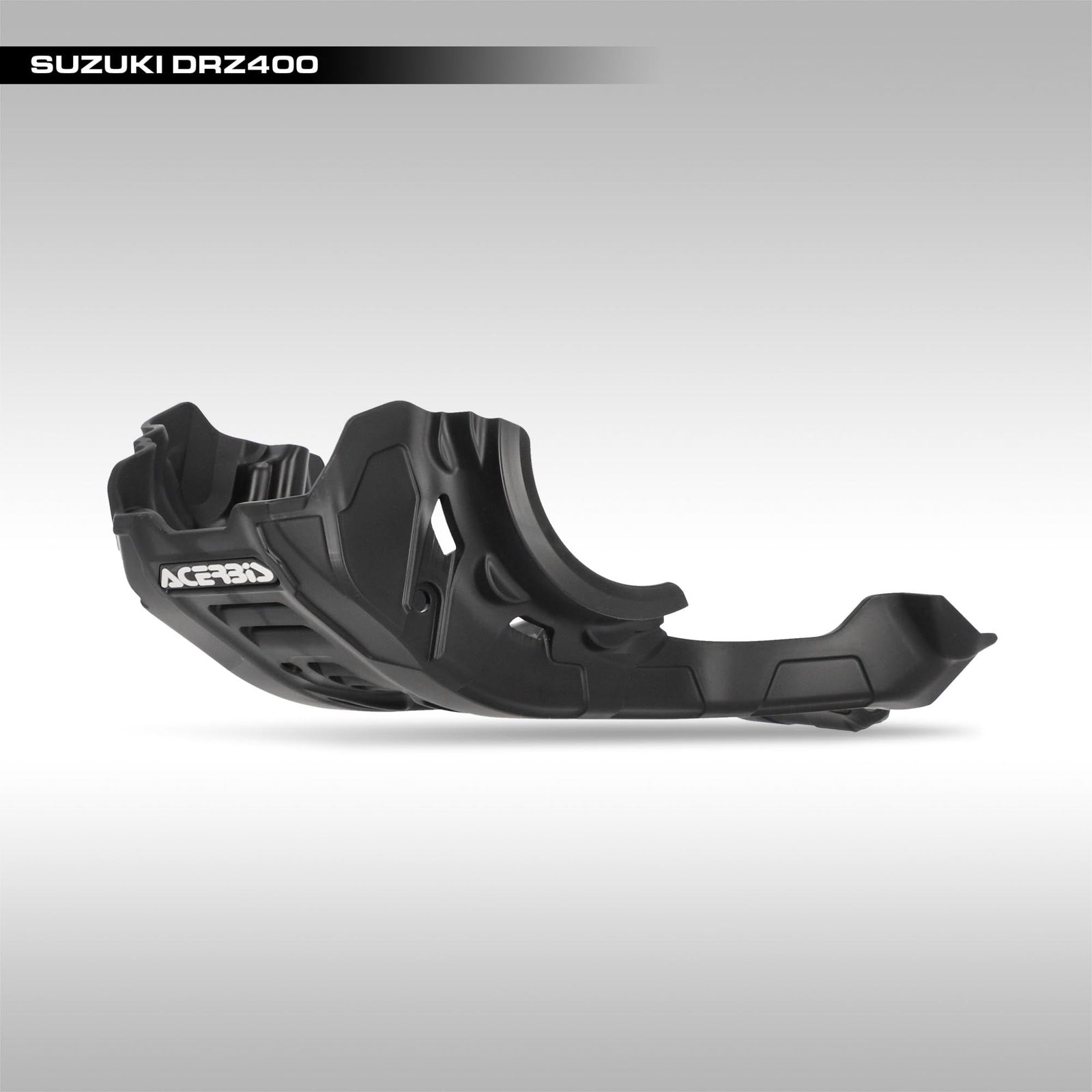 Black Acerbis plastic skid plate installed on a Suzuki DR-Z400 dual-sport motorcycle.