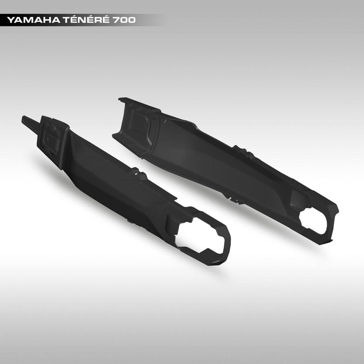 Two black Yamaha Ténéré 700 swing arm guards on a gray background