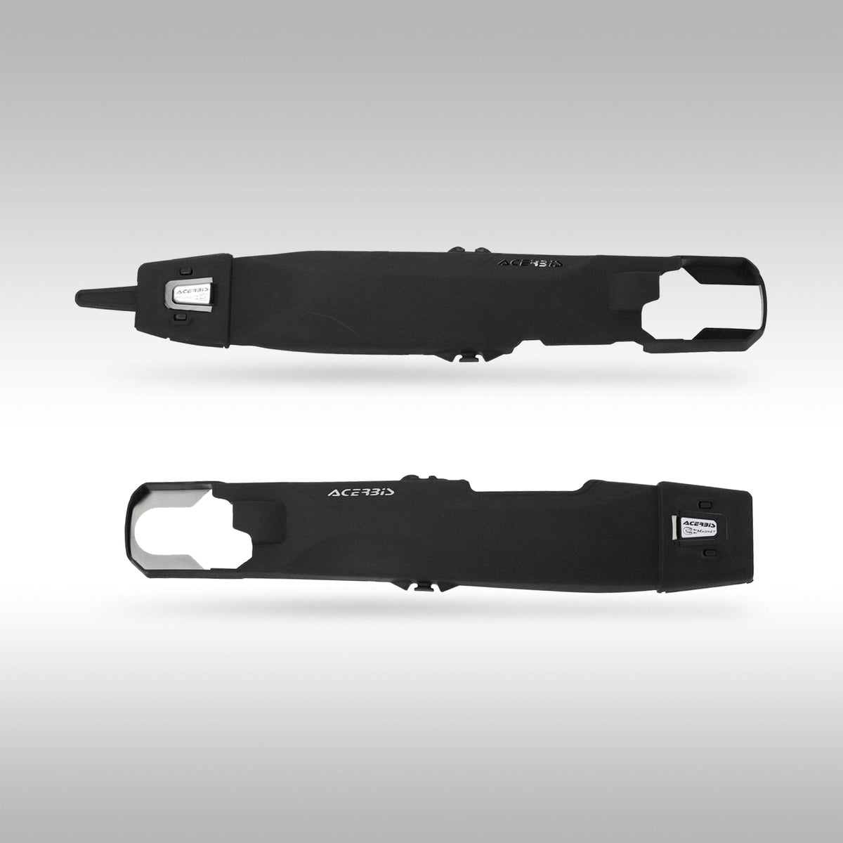 Two black Yamaha Ténéré 700 swing arm guards on a gray background