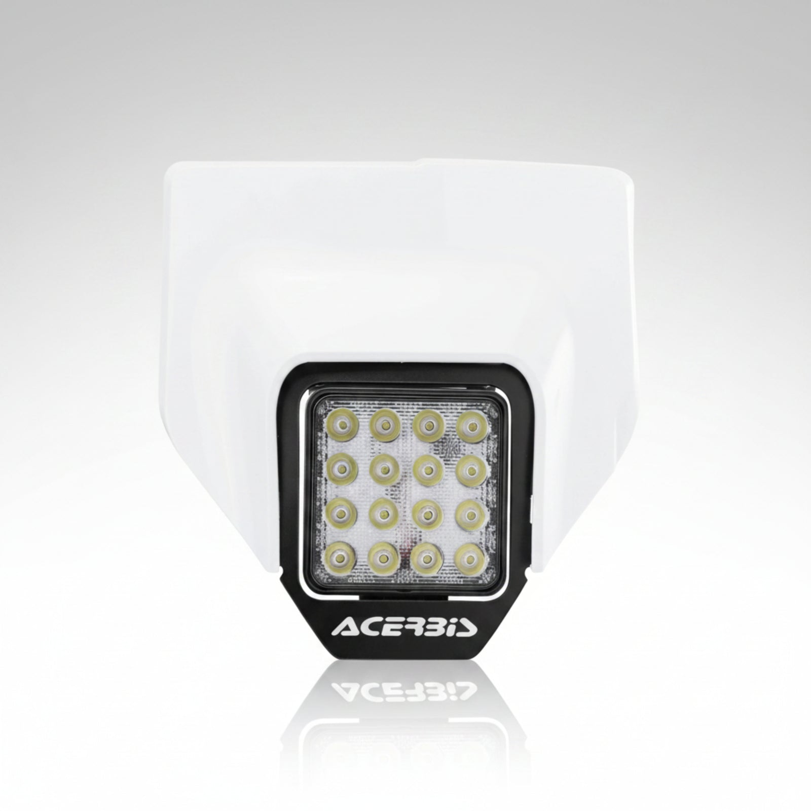 Acerbis VSL LED headlight mask in white, installed on a Husqvarna enduro dirt bike.