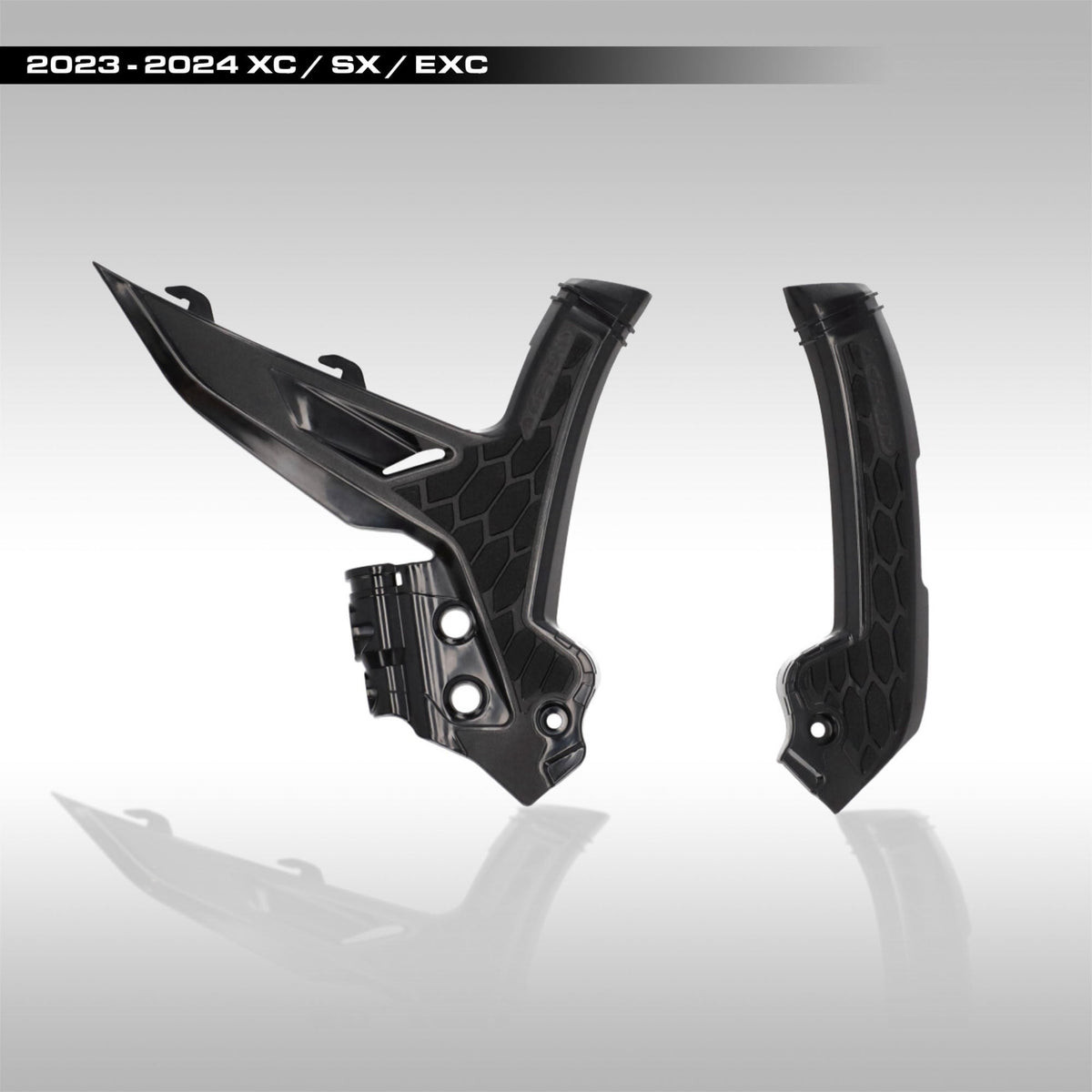 Acerbis X-Grip frame guards showing the rubberized grip panels for 2023-2026 KTM dirt bikes.