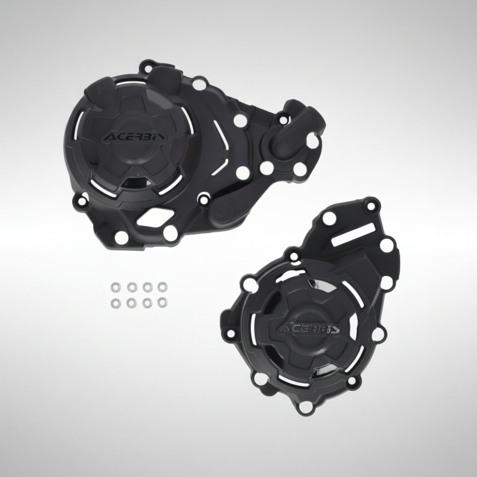 Black Acerbis X-Power engine case guards installed on a CFMOTO Ibex 450 adventure motorcycle.