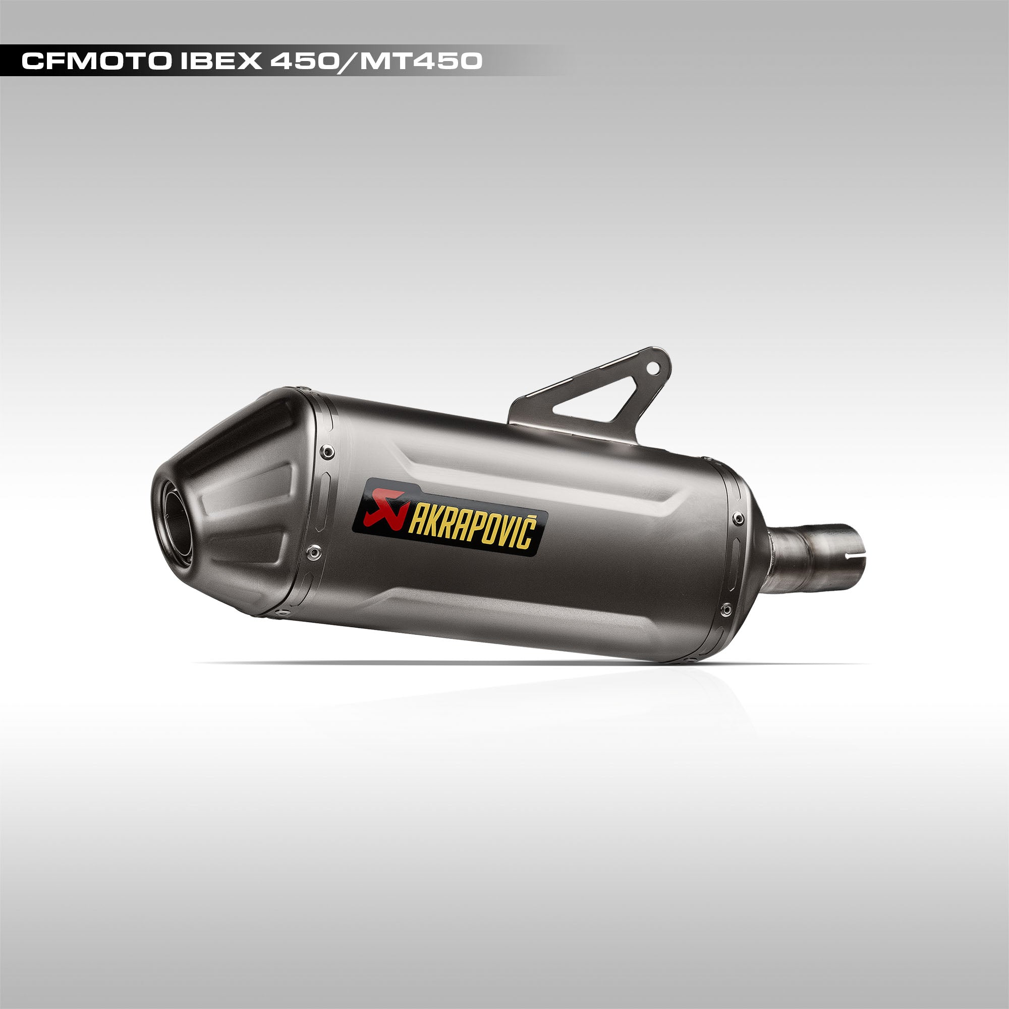 Motorcycle exhaust with Akrapovic logo on a gray background