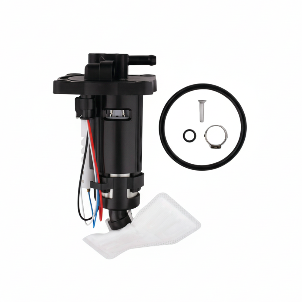Fuel pump assembly with wiring and a close-up of the connectors on a white background