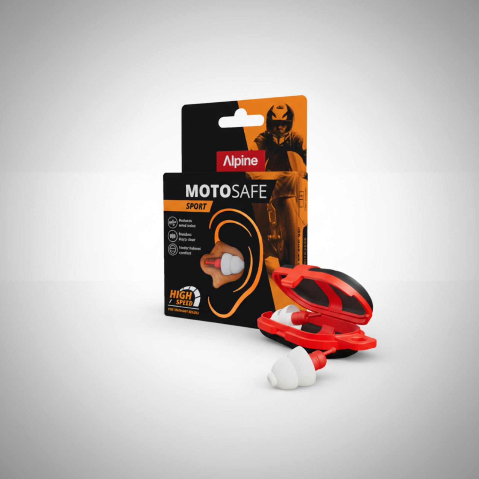 Pair of Alpine MotoSafe Sport motorcycle earplugs with black acoustic filters and travel pouch.