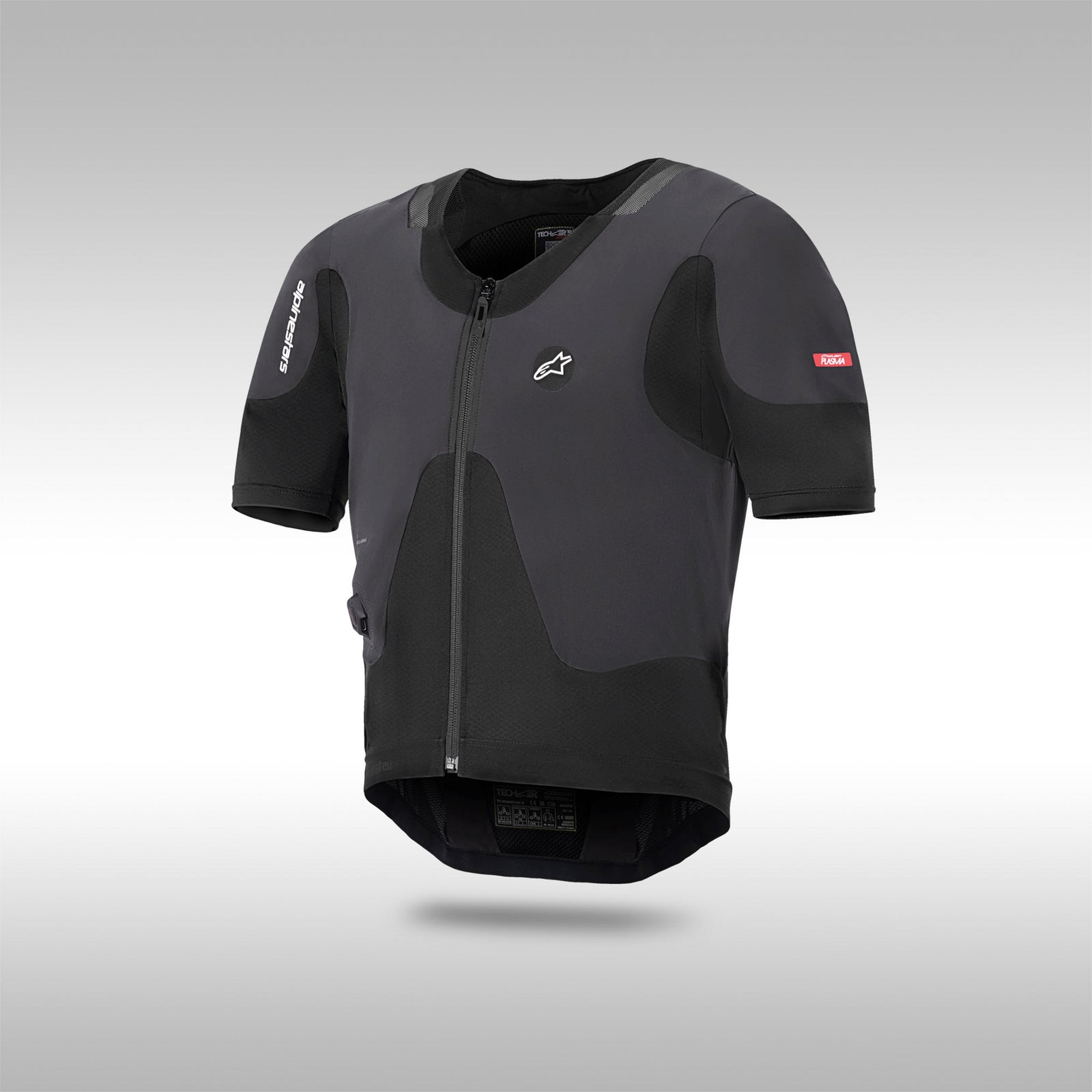A black Alpinestars Tech-Air 5 Plasma airbag system for motorcycle riders. It features a slim, invisible profile design that fits under a jacket, providing full upper body protection.